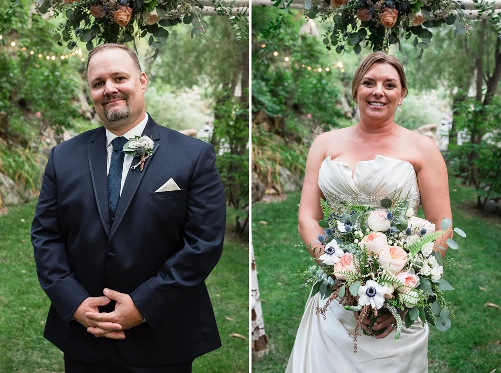 A groom and bride on their wedding day at Wedgewood Weddings on Boulder Creek outside of Boulder, Colorado. Wedding portrait photography by Sonja Salzburg of Sonja K Photography.