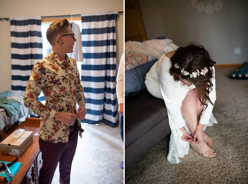 Two women get ready for their lesbian wedding in Fraser, Colorado. Gay wedding photography by Sonja Salzburg of Sonja K Photography.