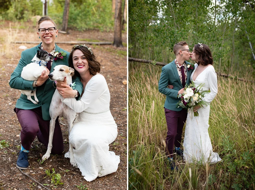 A married lesbian couple and their dogs on their wedding day near Fraser, Colorado. Gay wedding photography by Sonja Salzburg of Sonja K Photography.