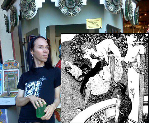 Here I am pictured wearing my Entertainment T-shirt with a detail of the von Bayros illustration possibly entitled If It's Not Twins This Time .
