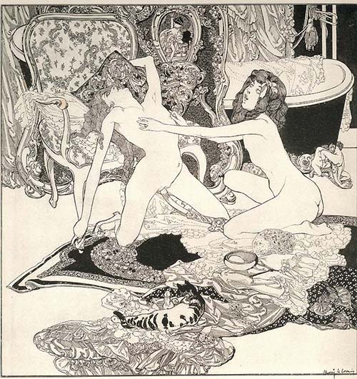 The mesmerized pure white eyes add a certain coldness to the lust of von Bayros' Hard as Mistress' Rubber . 