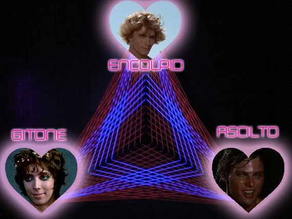 The Ancient Roman love triangle of Encolpio > Gitone > Ascilto. 