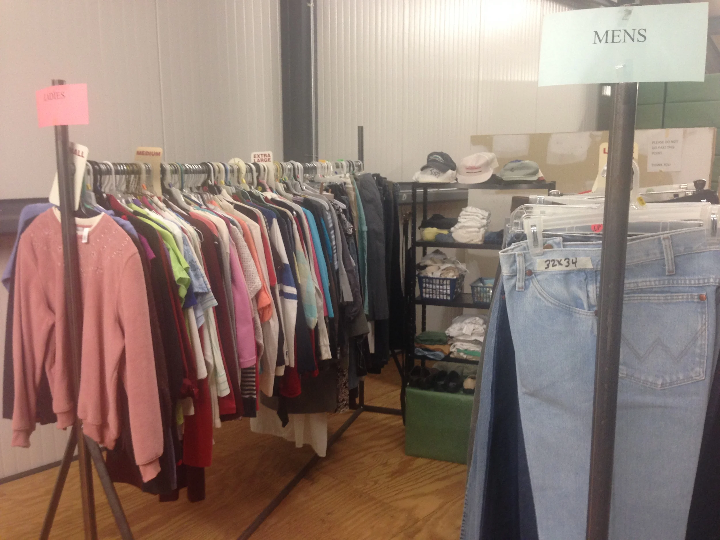 Clothes Closet-mostly winter clothes and shoes for adult men and women. Open the third Tuesday of the month from 9am-12pm and when we have our Meal Ministry.