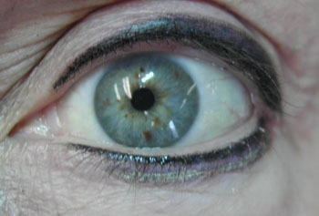 This was an easy correction because the client likes dramatic eyeliner. No exfoliating, but softening of color, adding to the lower lash line, and soft smudging on uppers for proper balance.