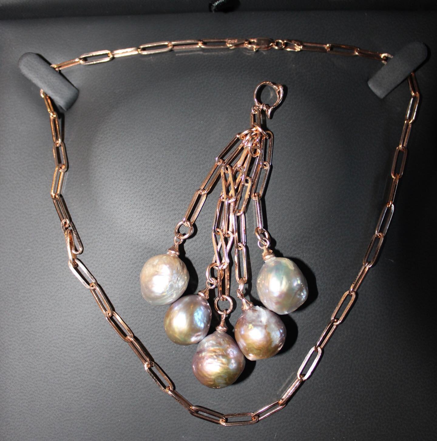 14k Rose Gold chain and matching pendant (designed as an enhancer) that can be added onto other strands in clients collection. 
These baroque pearls were some of the most beautiful I&rsquo;ve seen, with a wide range of colors that came through with l