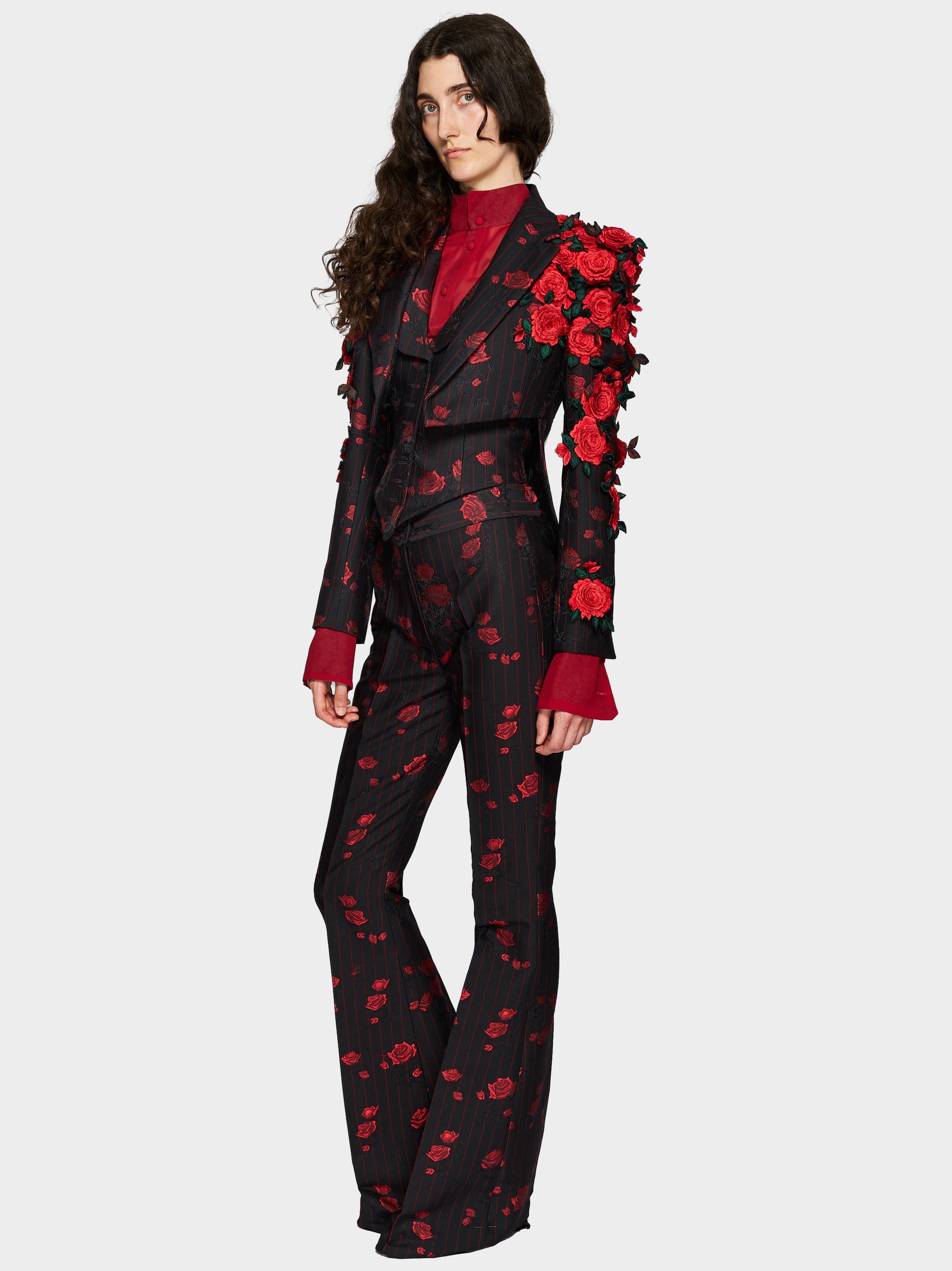 Red Rose Embroidery Bolero Tailcoat And Trouser