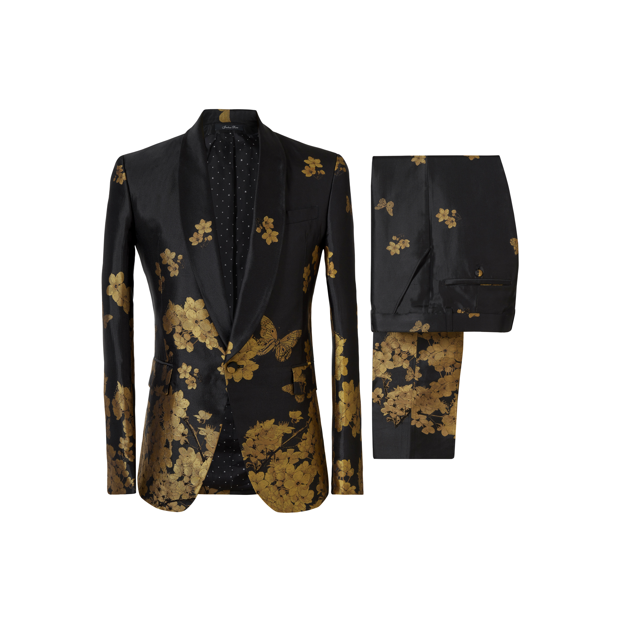 'The Edward' Black And Gold Falling Blossom 2-Piece Suit — Joshua ...
