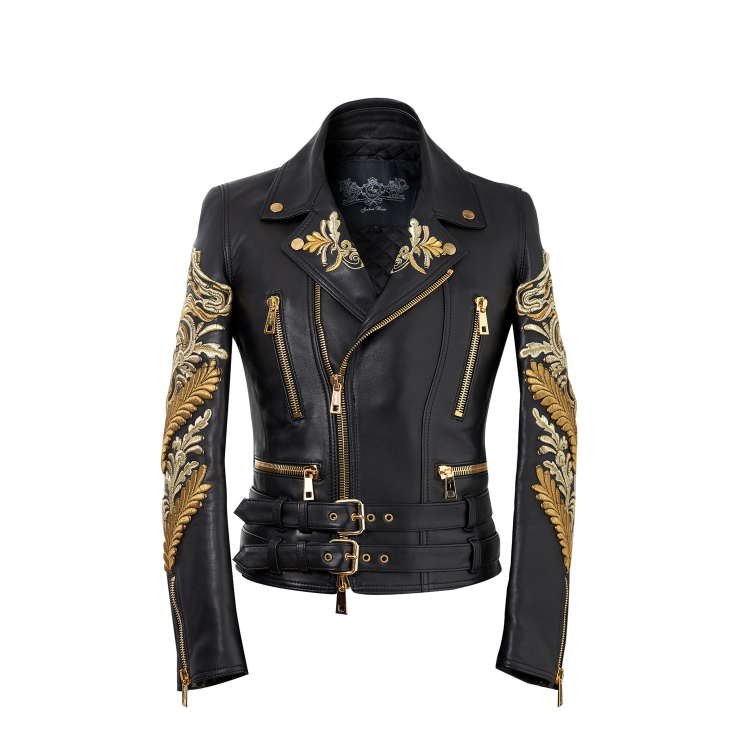 The Gold Embroidered Biker Jacket with Gold Trim — Joshua fashion, tailoring, bespoke, suit, tailor, fashion, runway