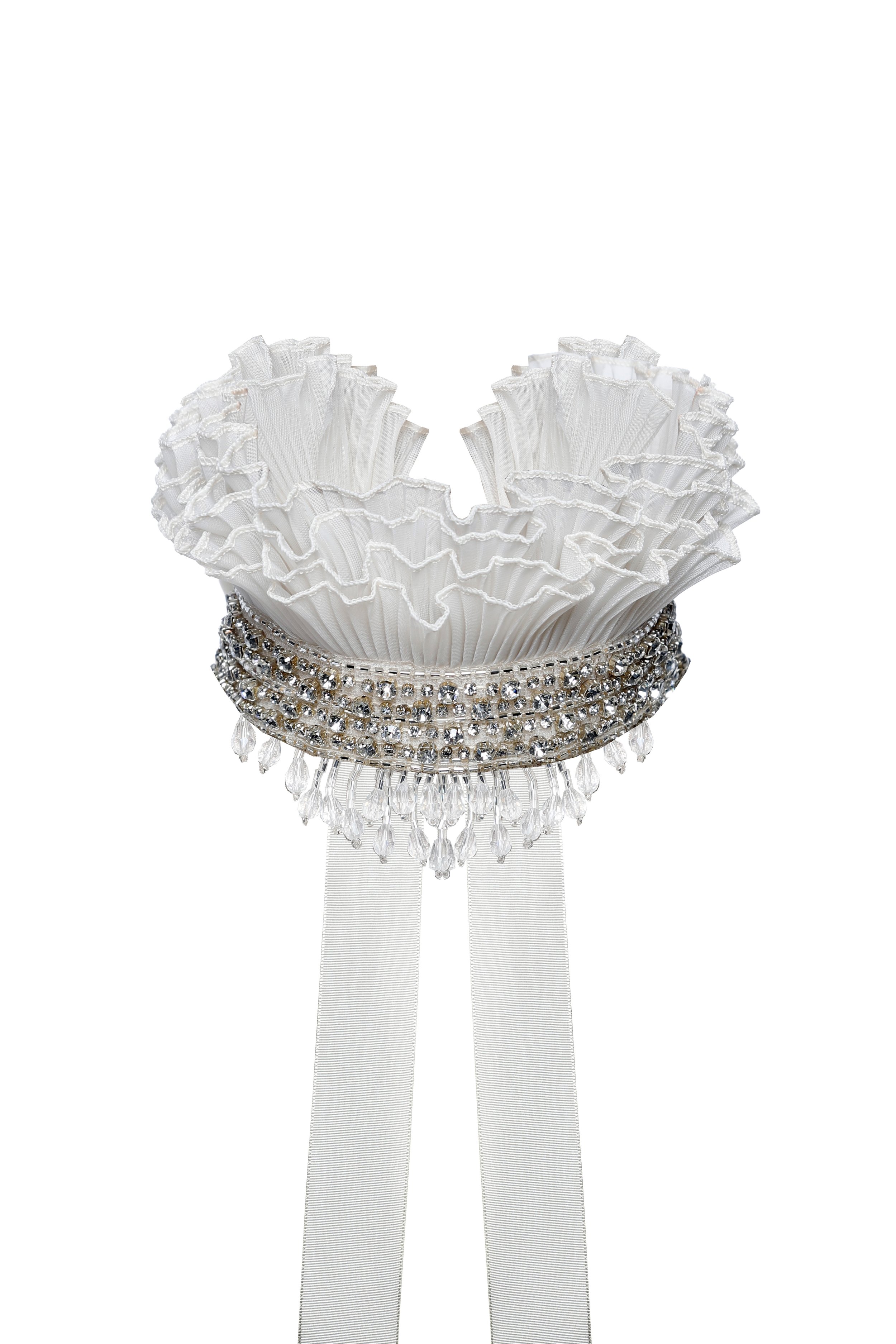 Ivory Organza And Crystal Droplet Ruffle Collar