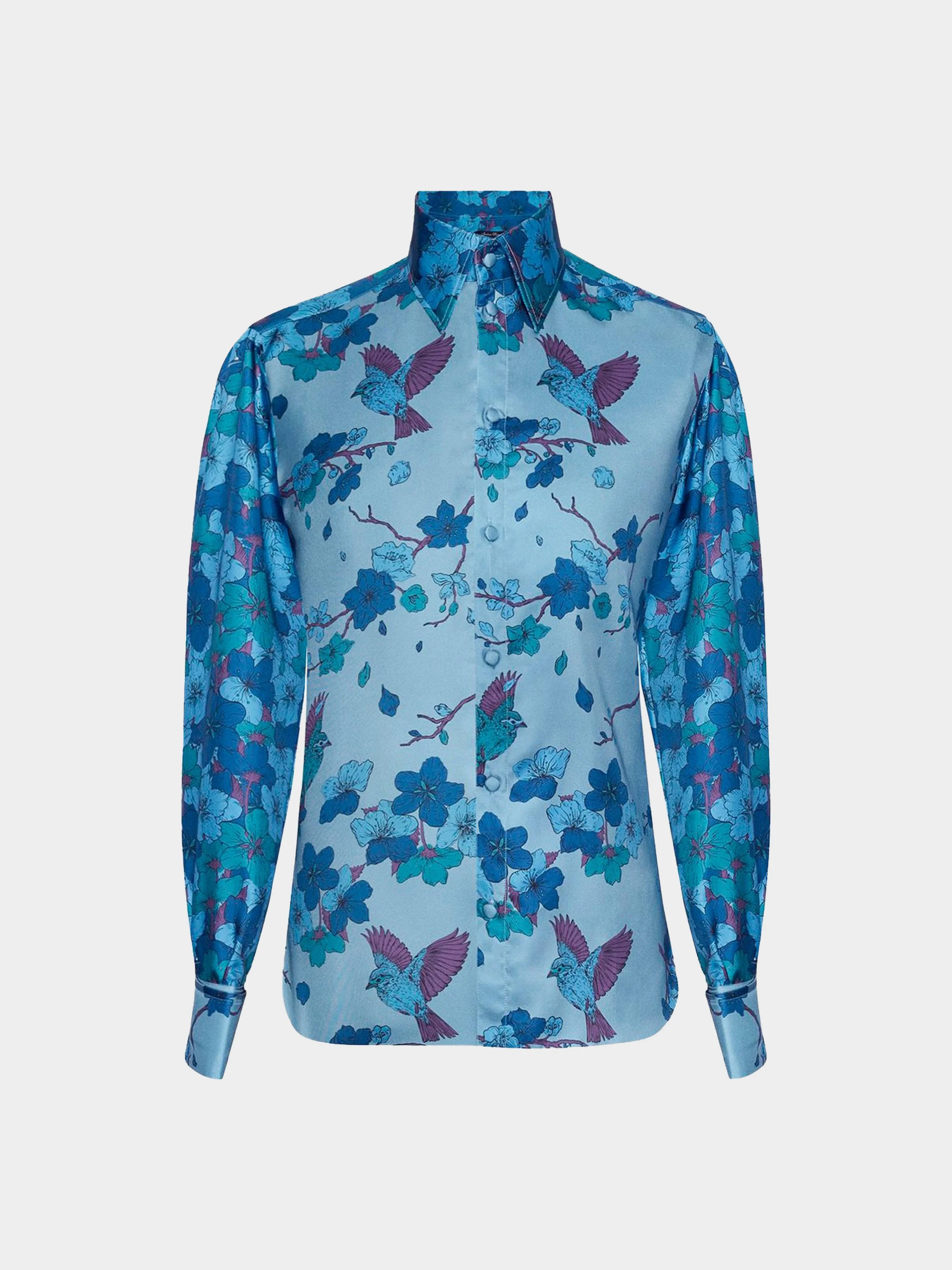 'Point Collar' Blue Blossom And Birds Silk Shirt