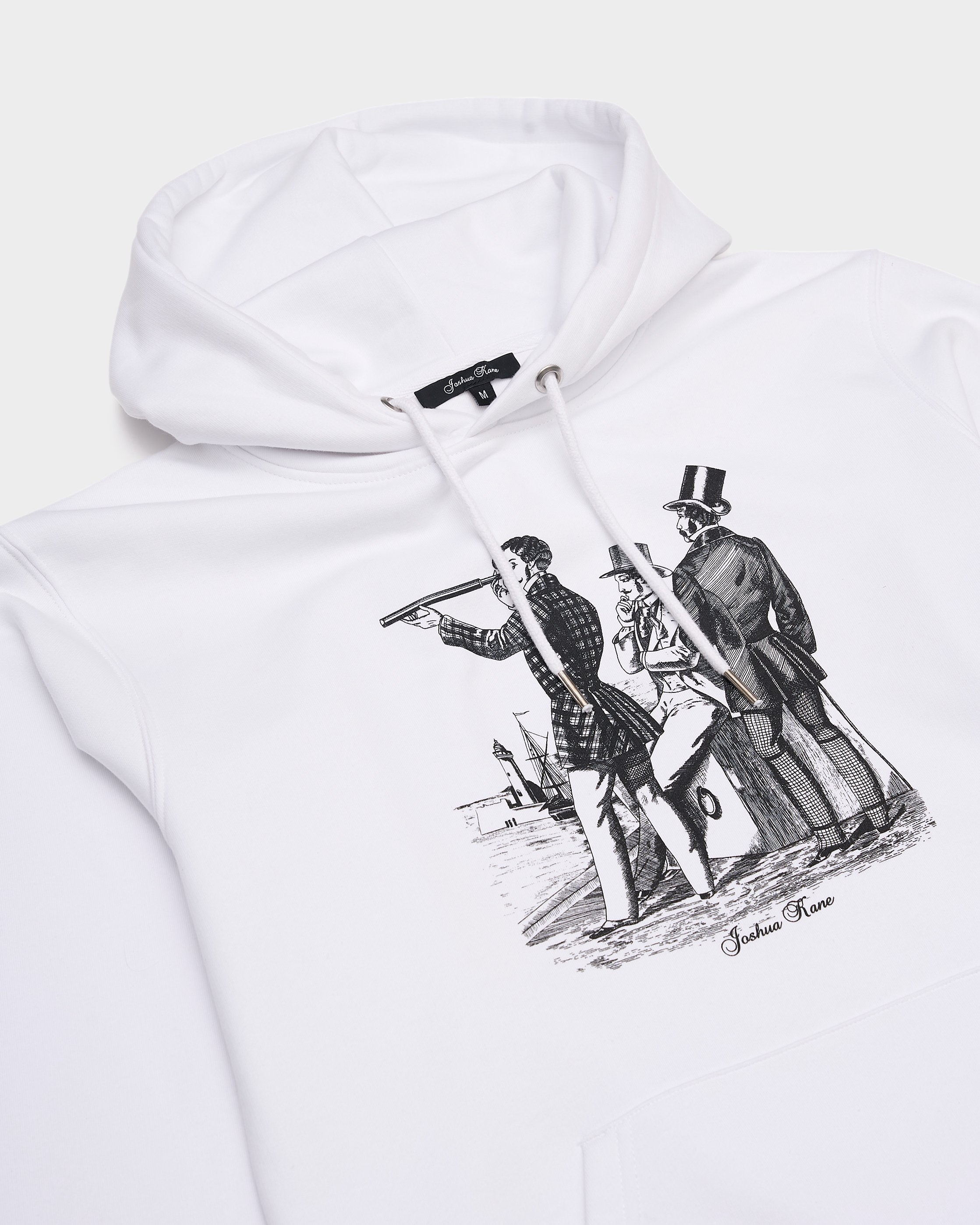 '3-Tailors' White Hoodie with Black Print Motif clsoe.jpg