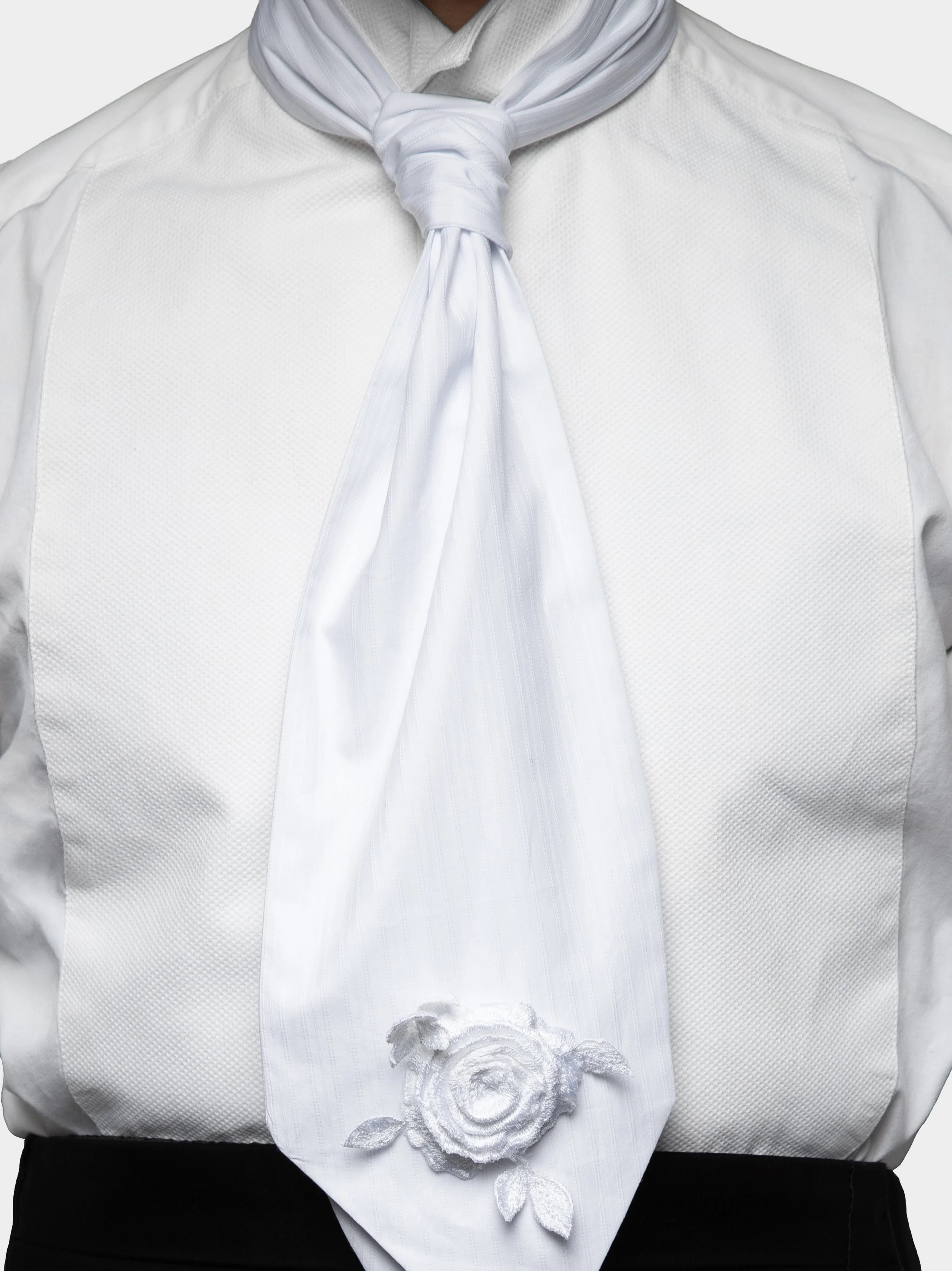 White Cotton Cravat with 3D Embroidered Rose