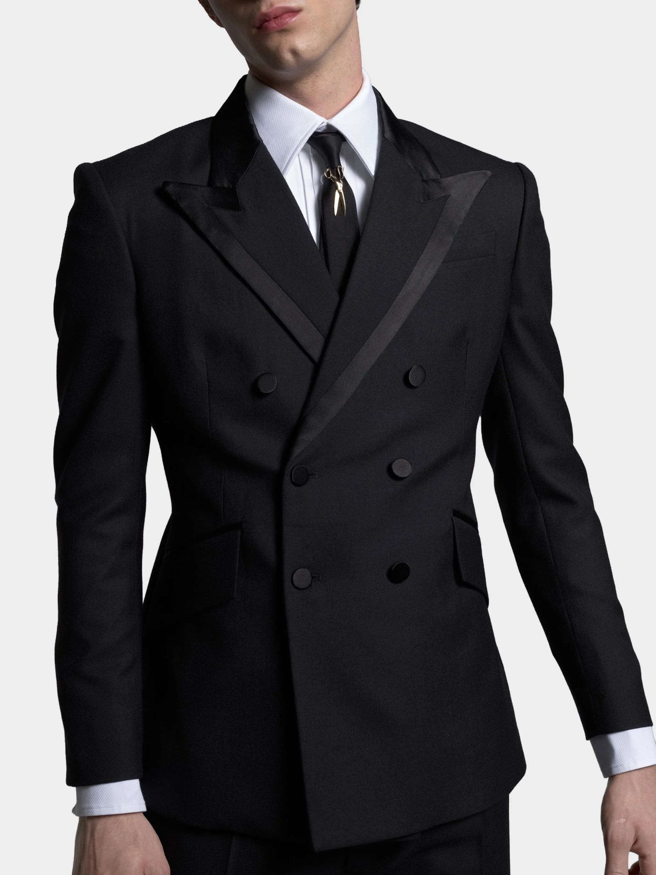 Black Wool And Silk Double Breasted Dinner Suitclosefront.jpg