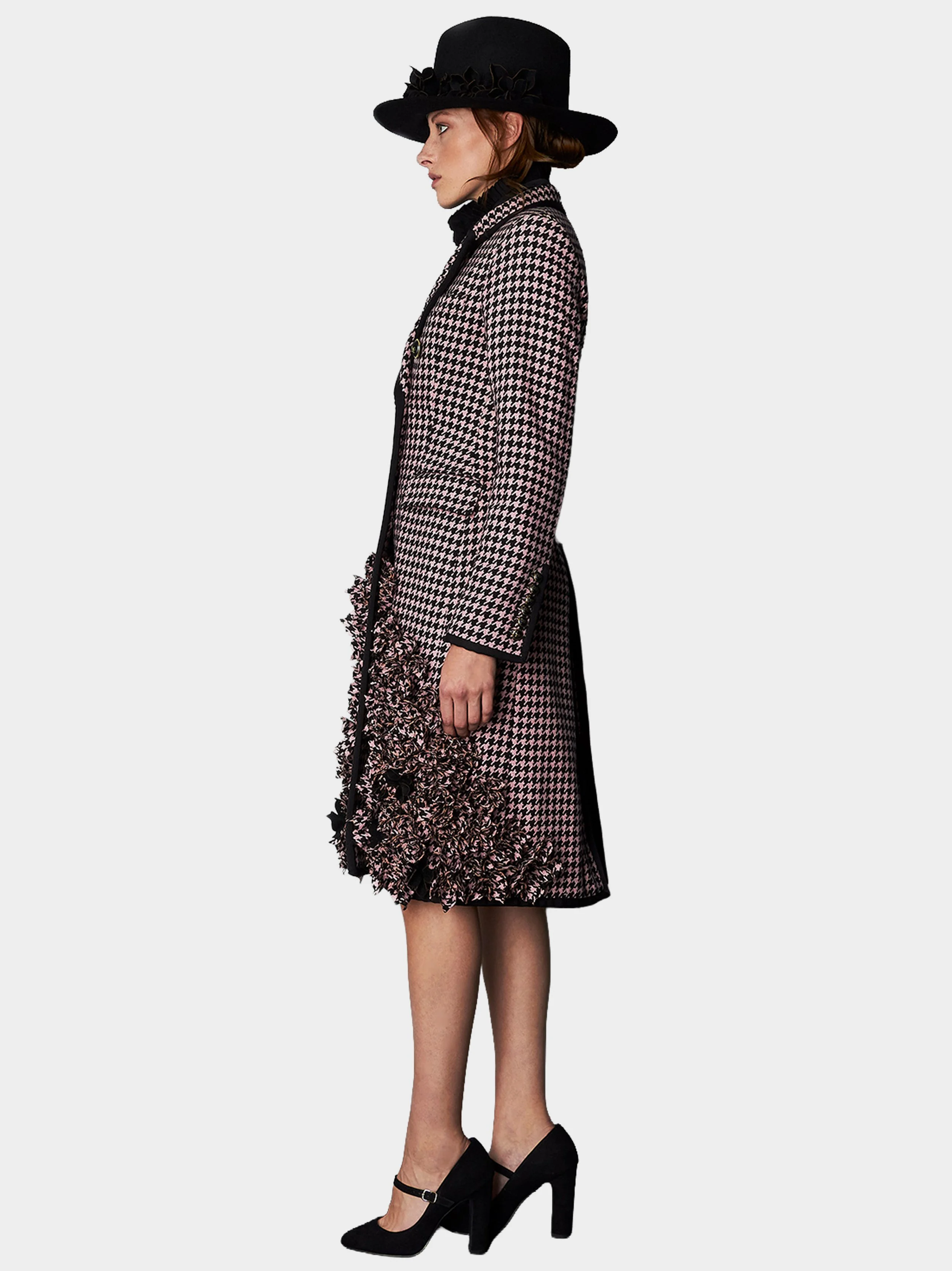 Pink And Black Houndstooth Floral Embellished Coat side3.jpg
