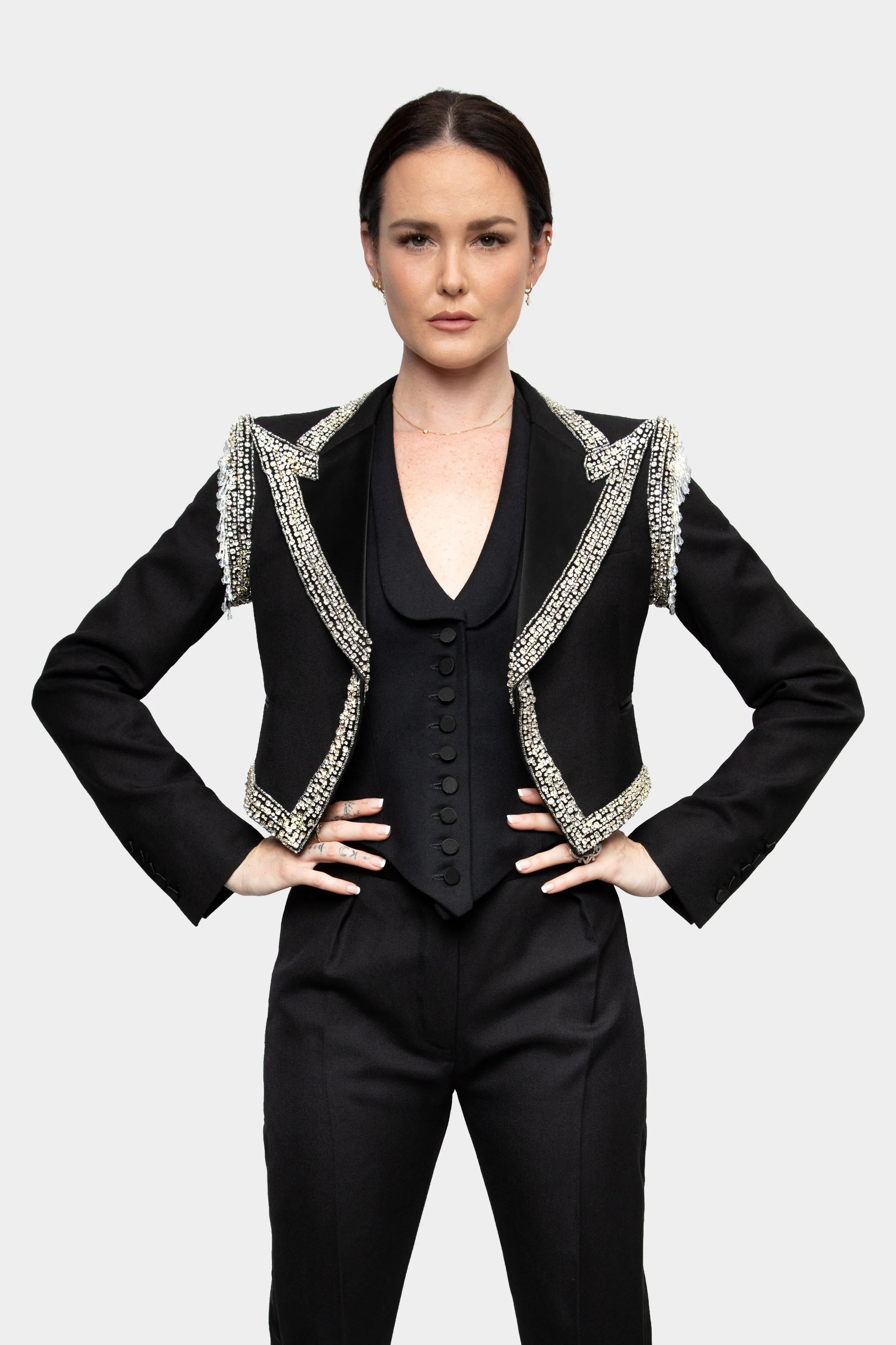 Dripping Diamond Embellished Cropped Jacket