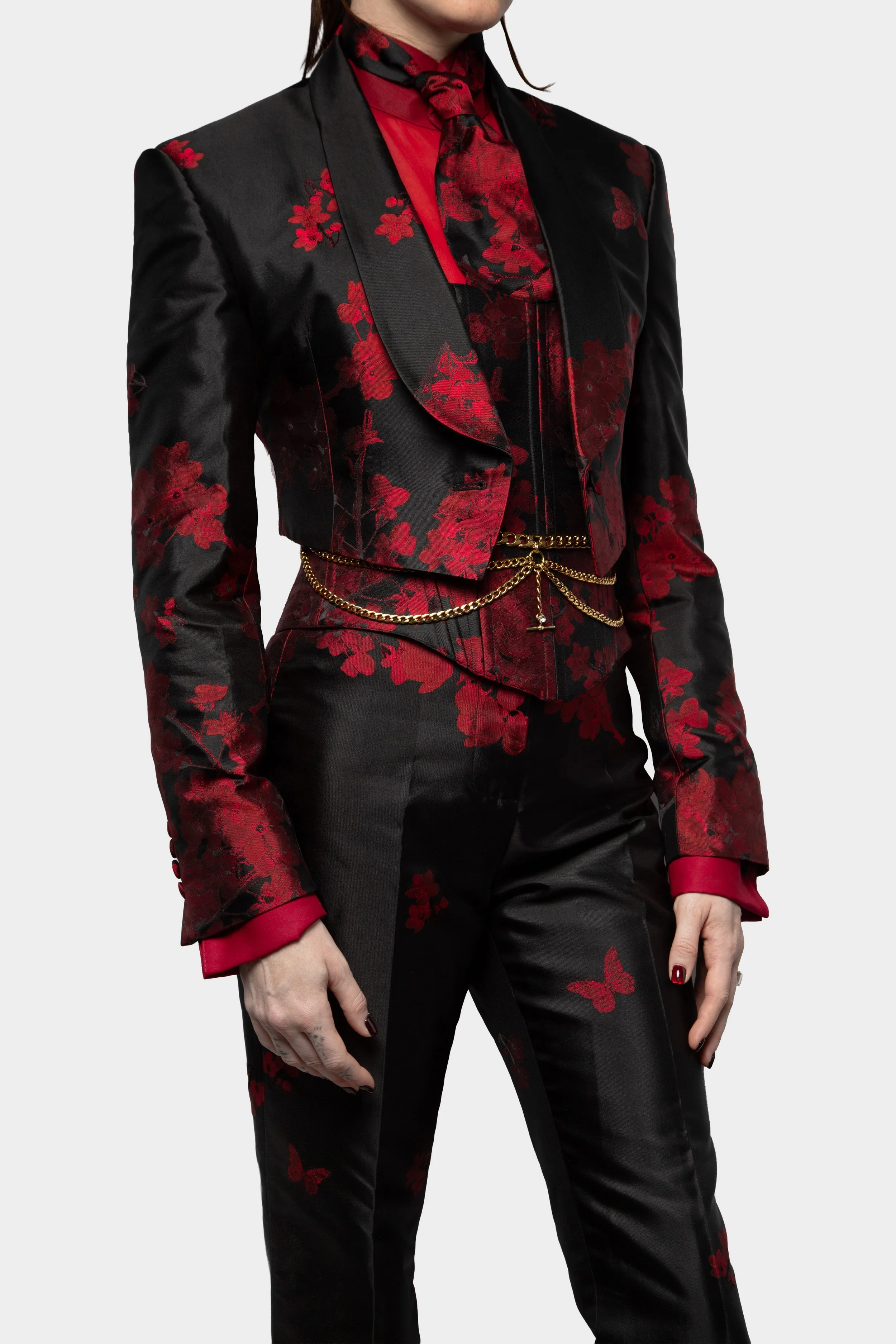 Red Falling Blossom Silk Suit