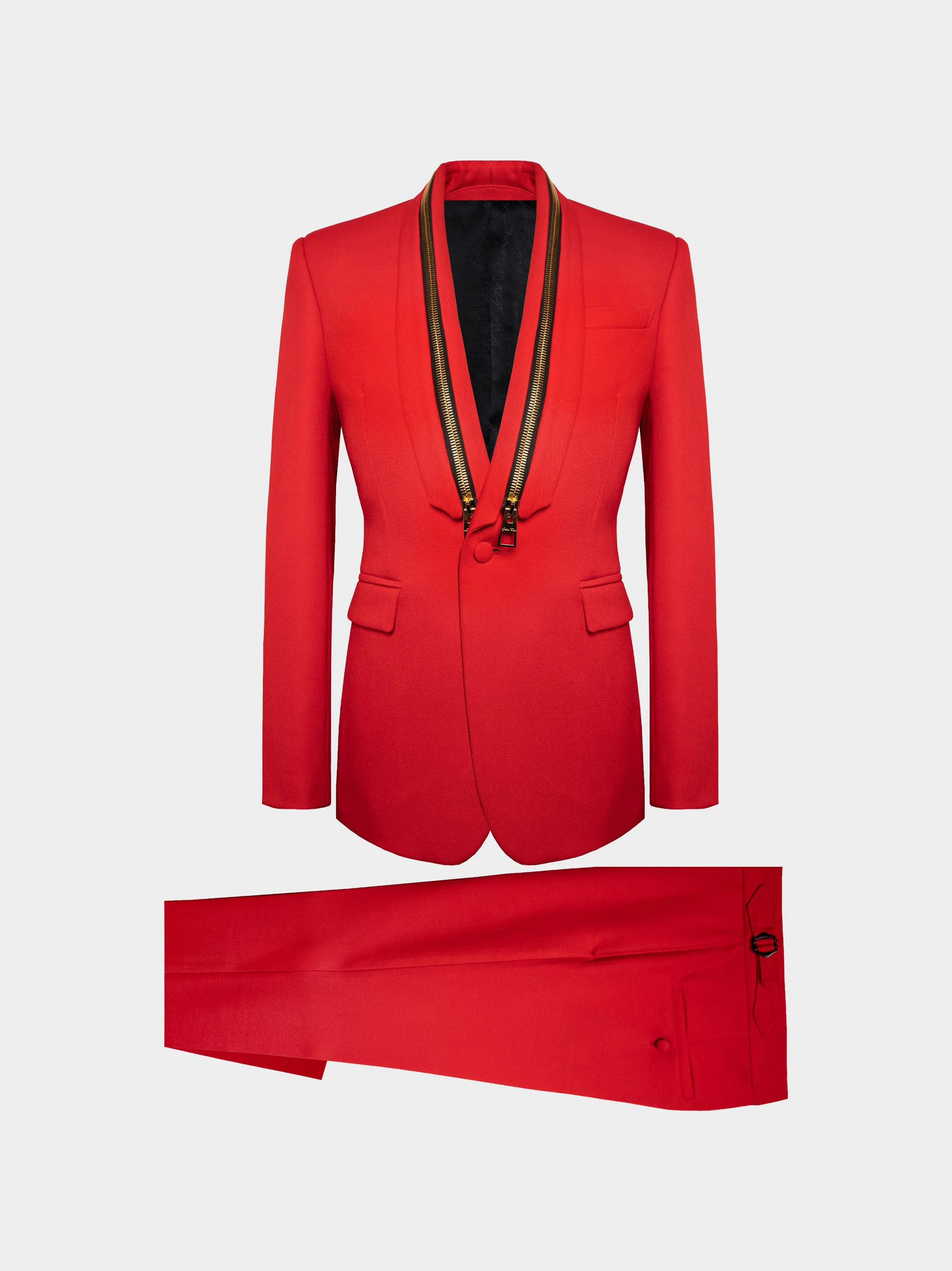 Red Barathea Zip Lapel Suit