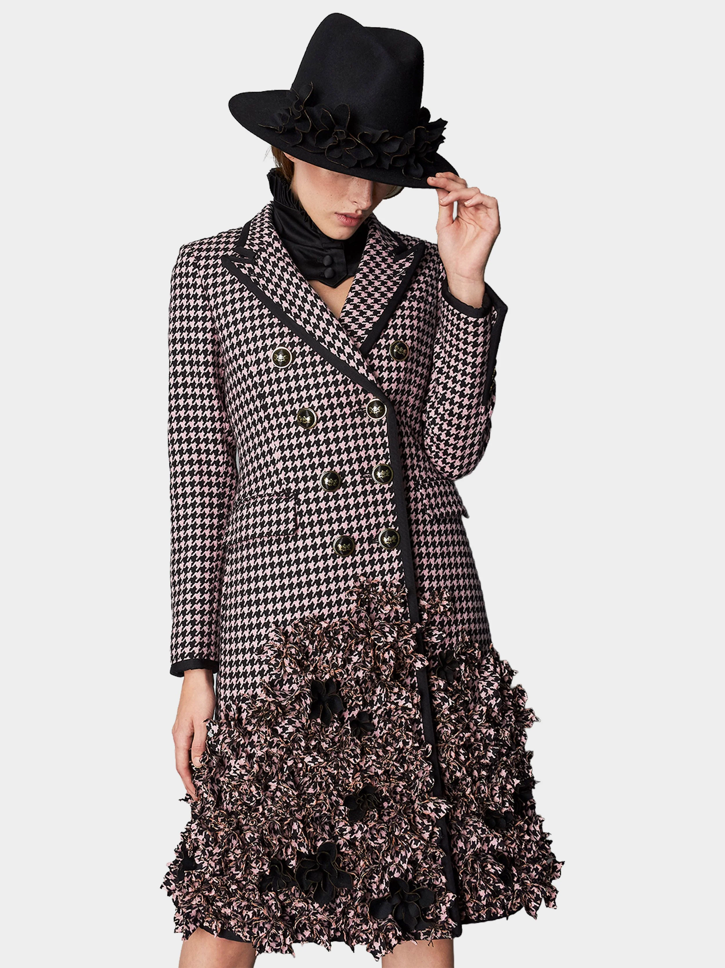 Pink And Black Houndstooth Floral Embellished Coatbrbim.jpg
