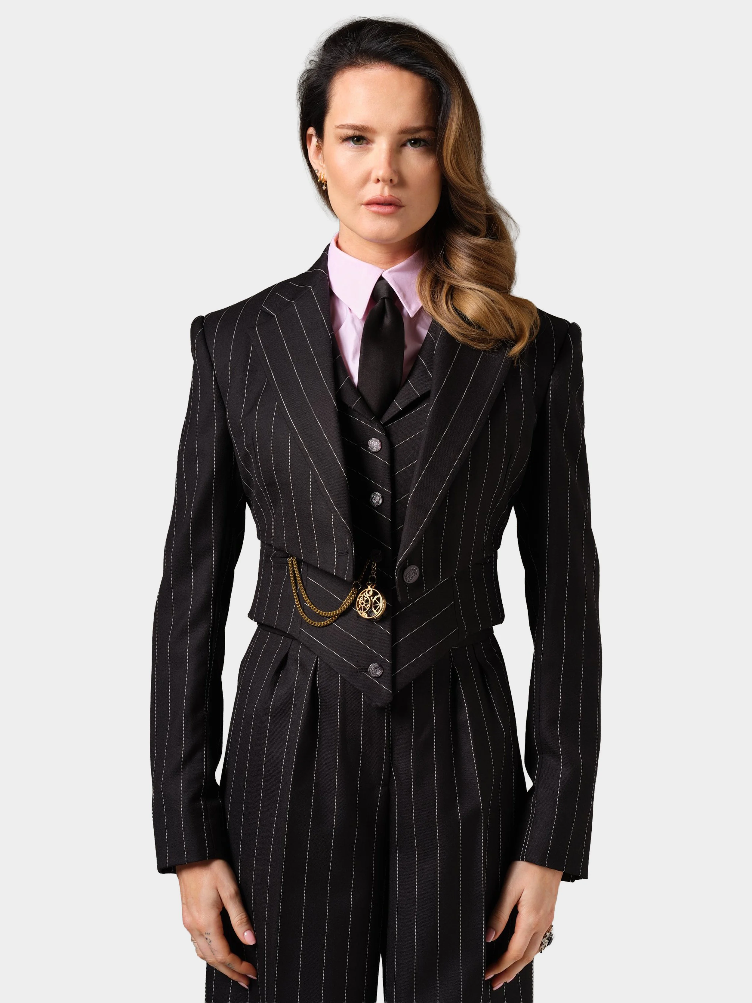 Black And White Dotted Pinstripe Waistcoatfront close.jpg