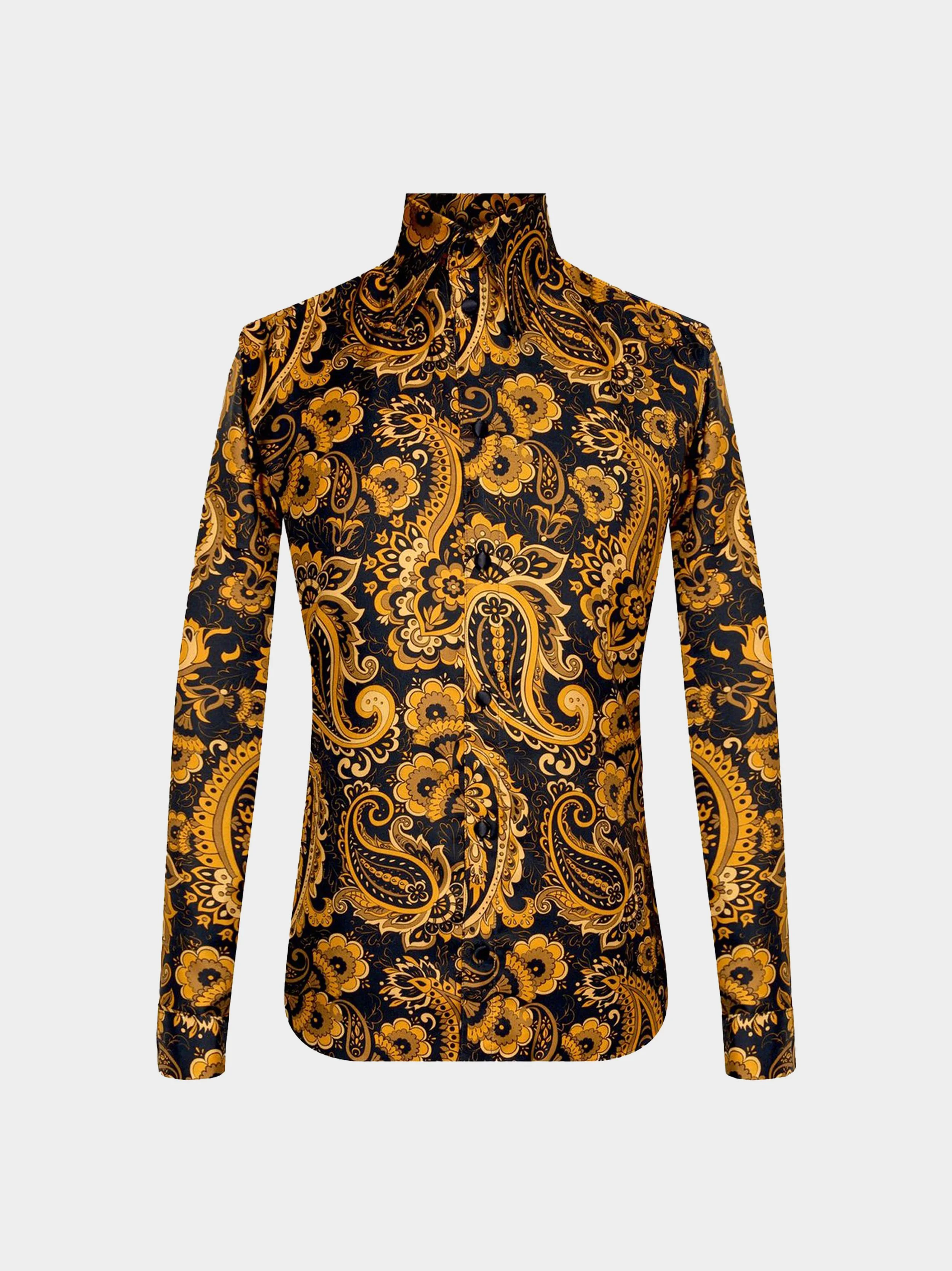 'Point Collar' Gold Paisley Silk Print Shirt