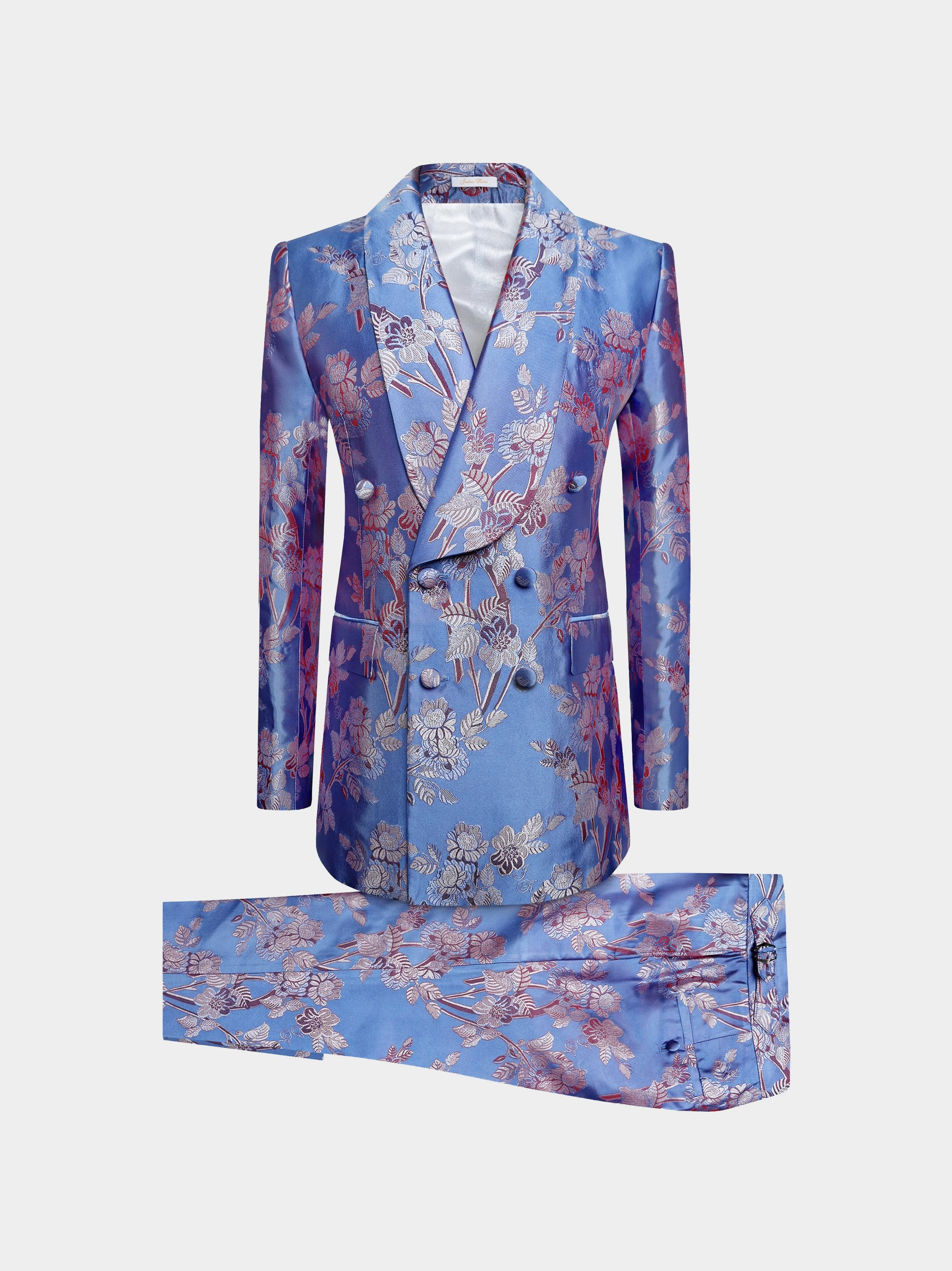 Pink And Blue Floral Silk Suit