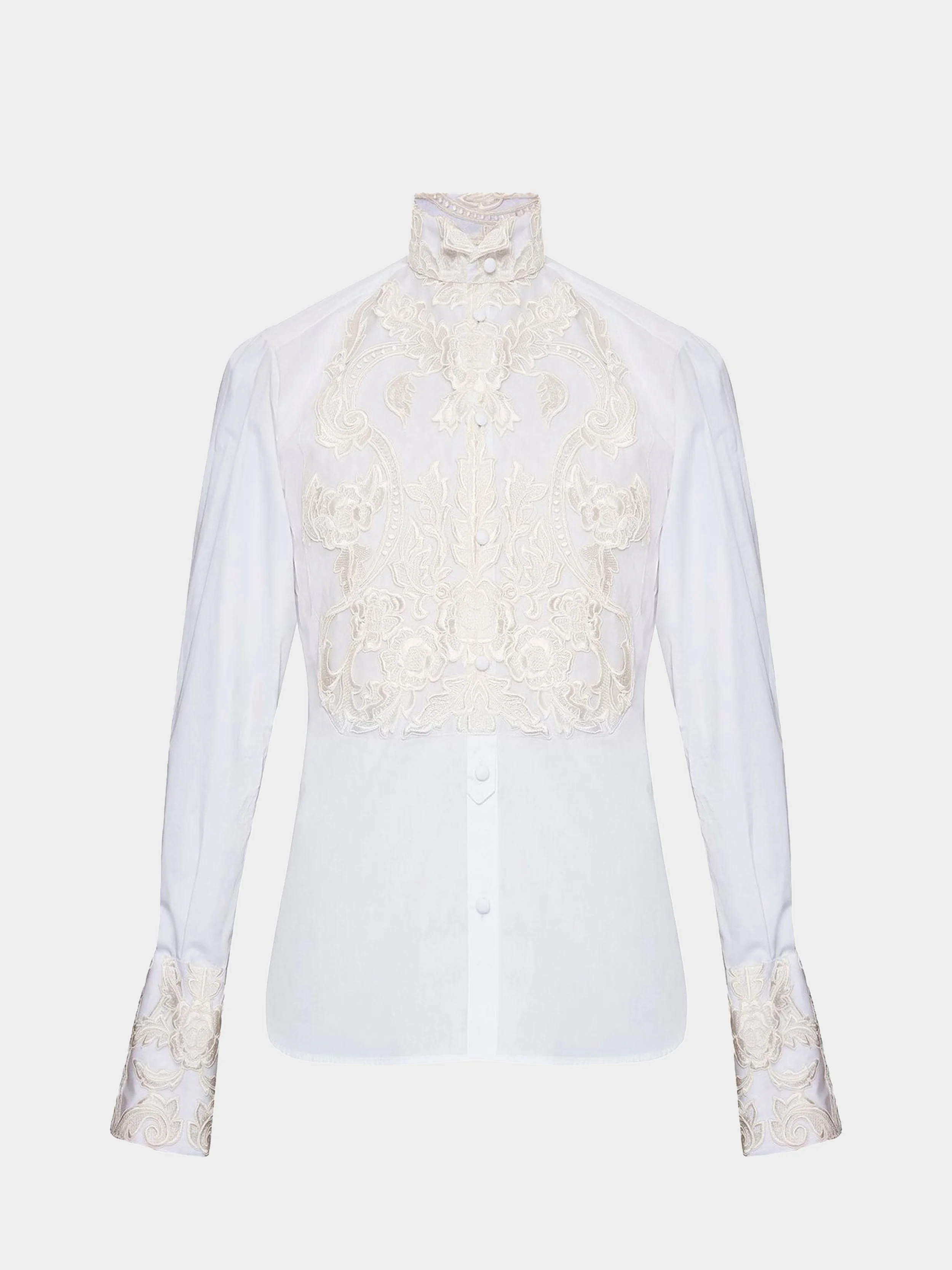 White Cotton And Ivory Rose Embroidery