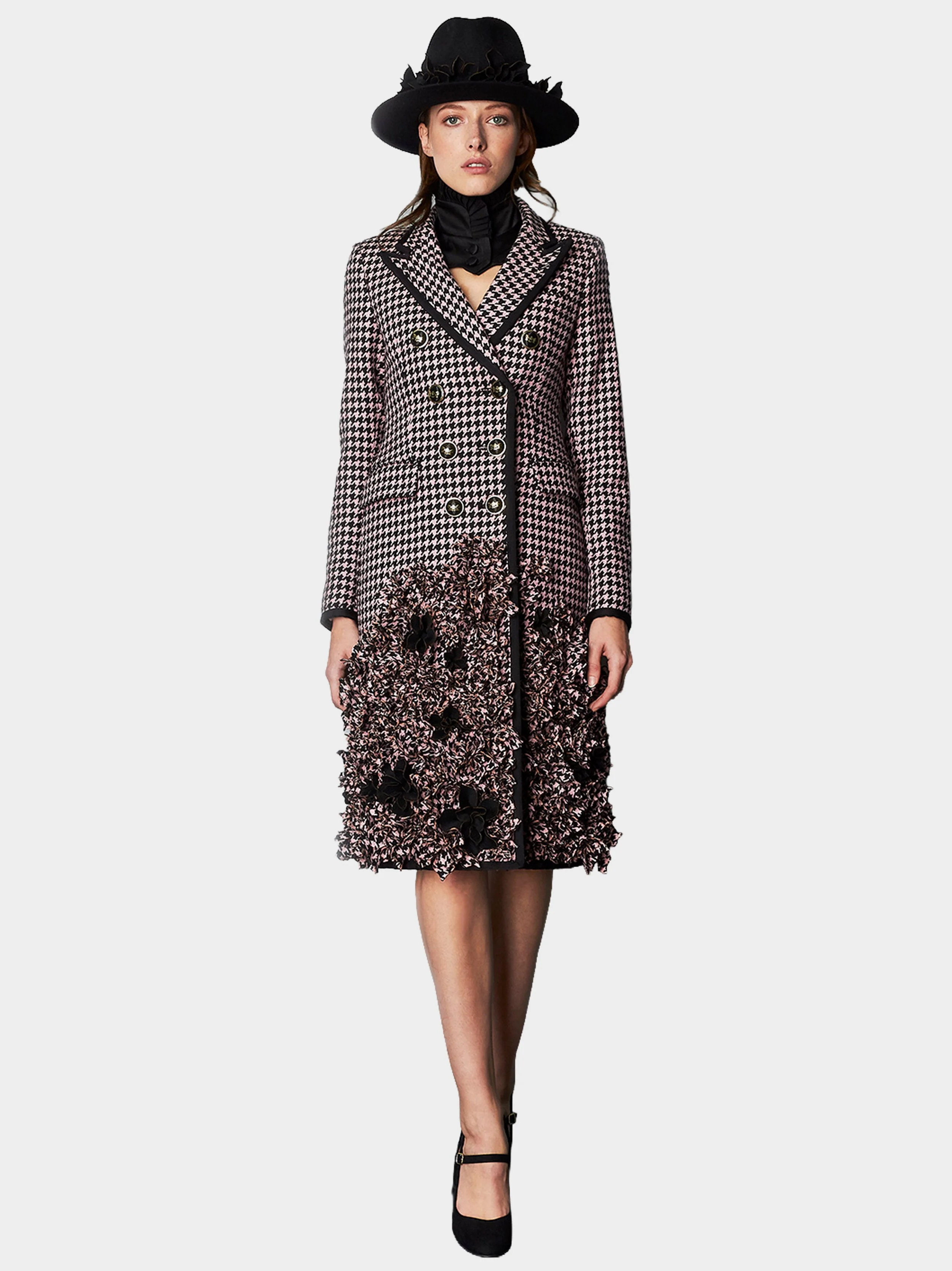 Pink And Black Houndstooth Floral Embellished Coat front.jpg