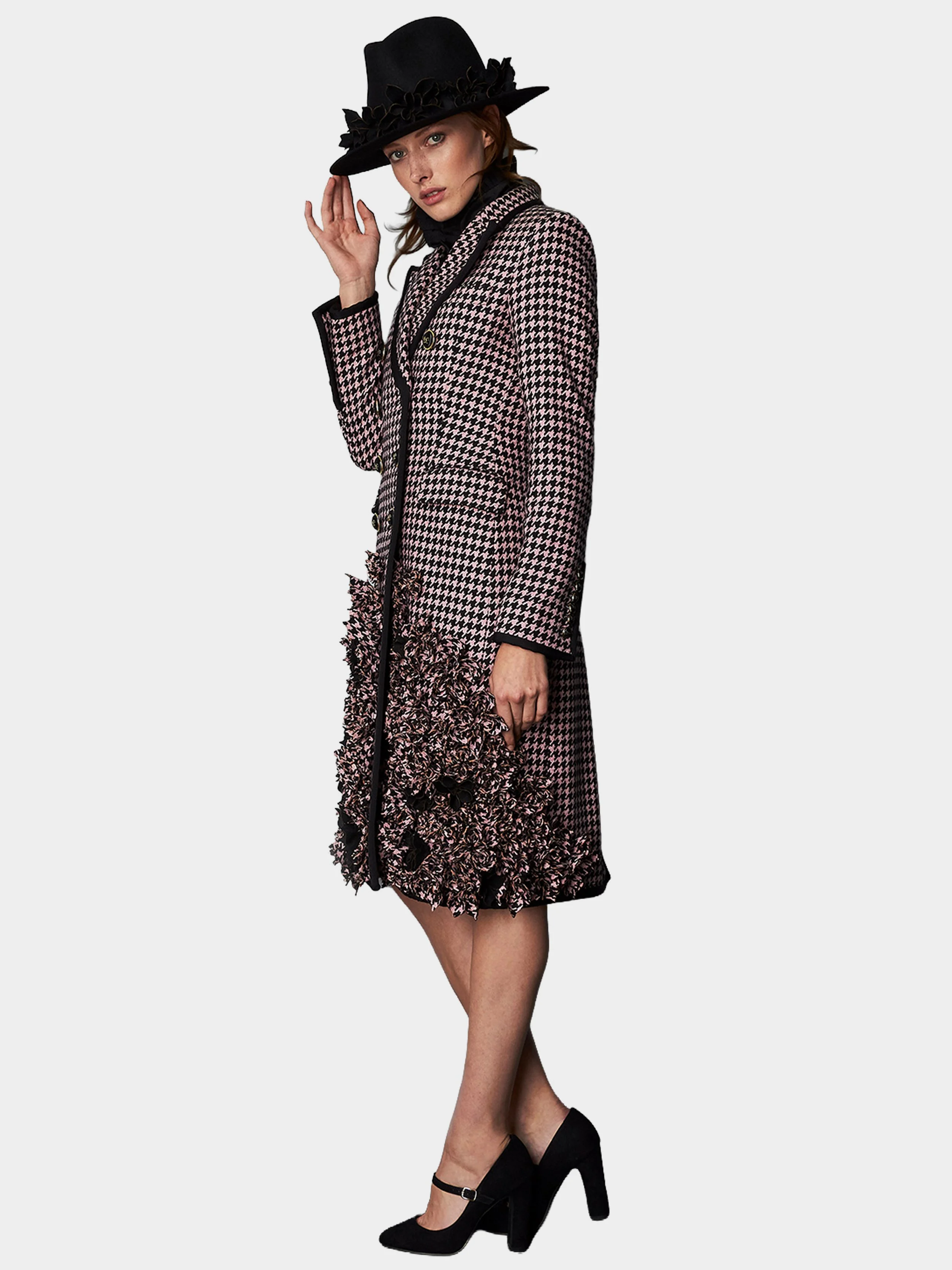 Pink And Black Houndstooth Floral Embellished Coats side 2.jpg