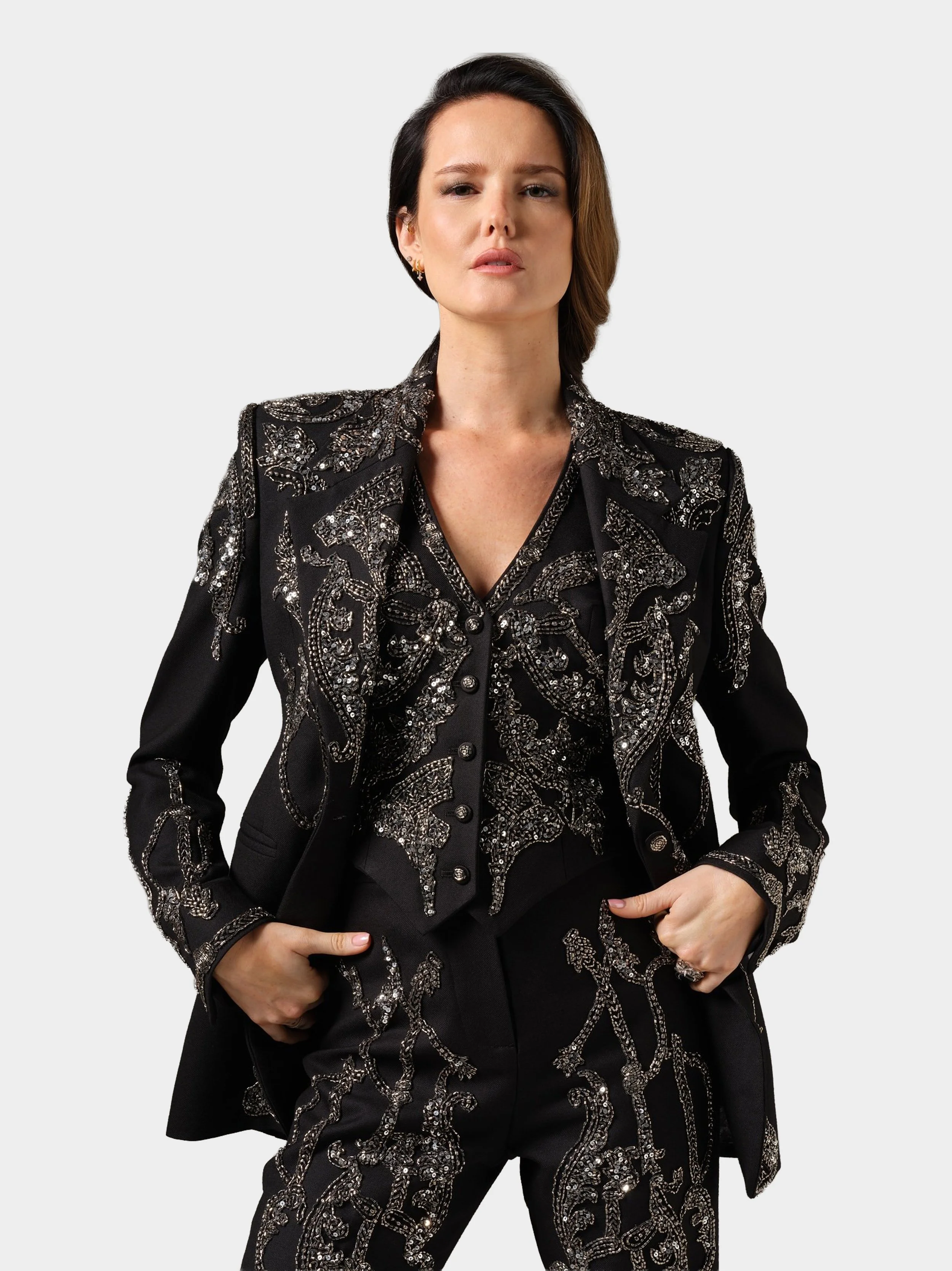 Metal Embellised Black Wool Jacket