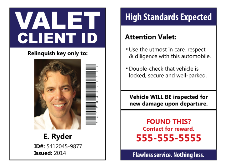 Valet client photo ID card.