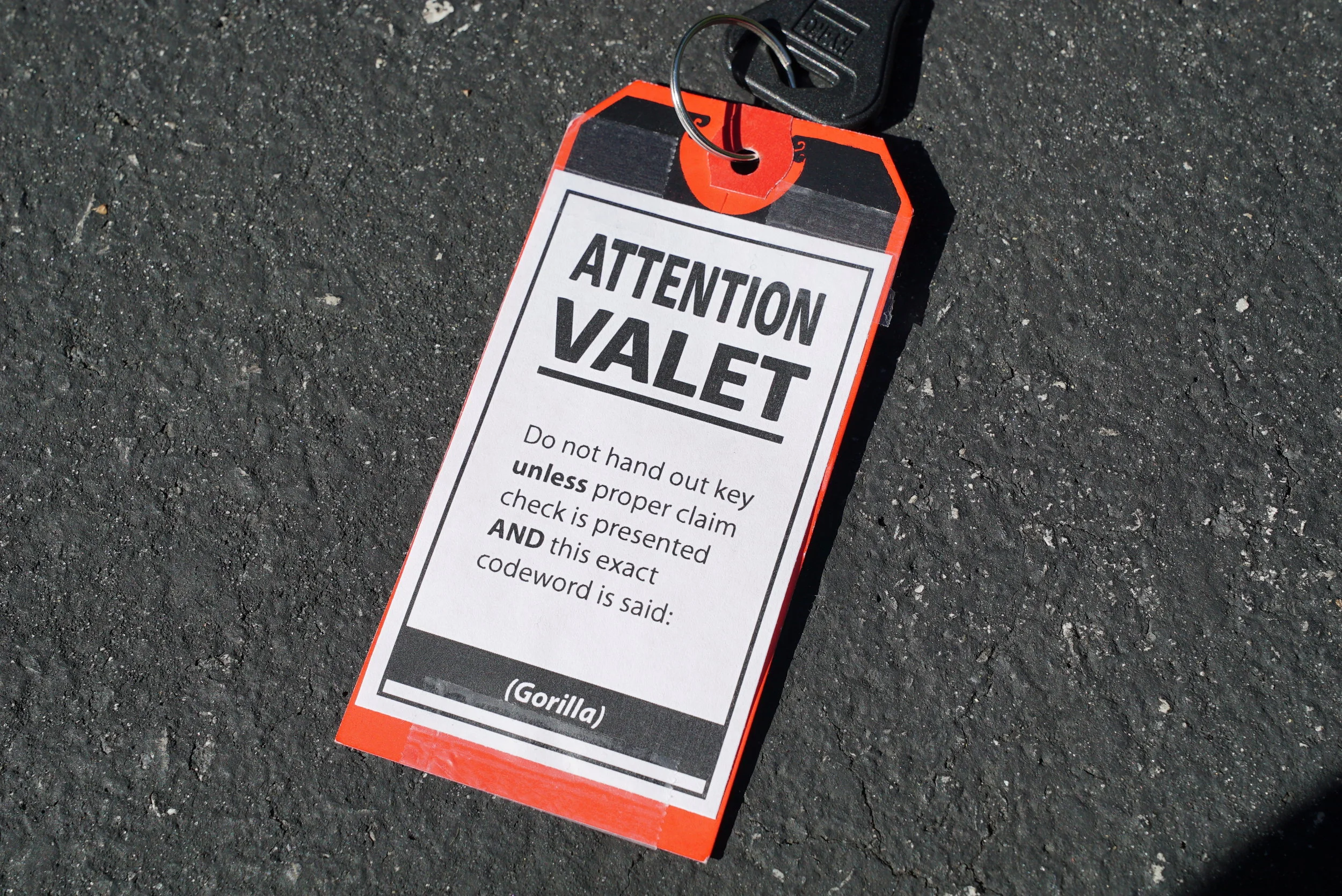 This is a codeword key tag. You should make one and use it if you expect to park your car with a valet service.
