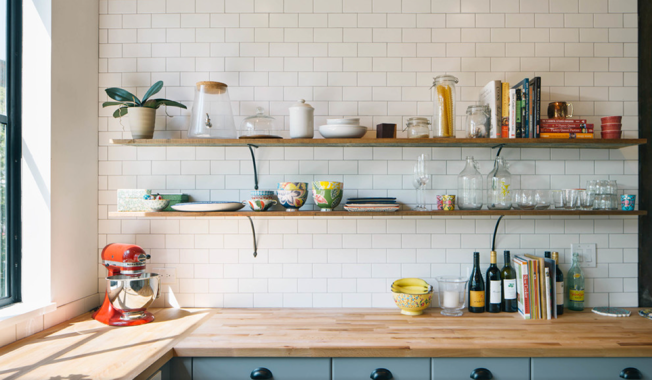 Open Shelves with subway tile and butcher block!!!