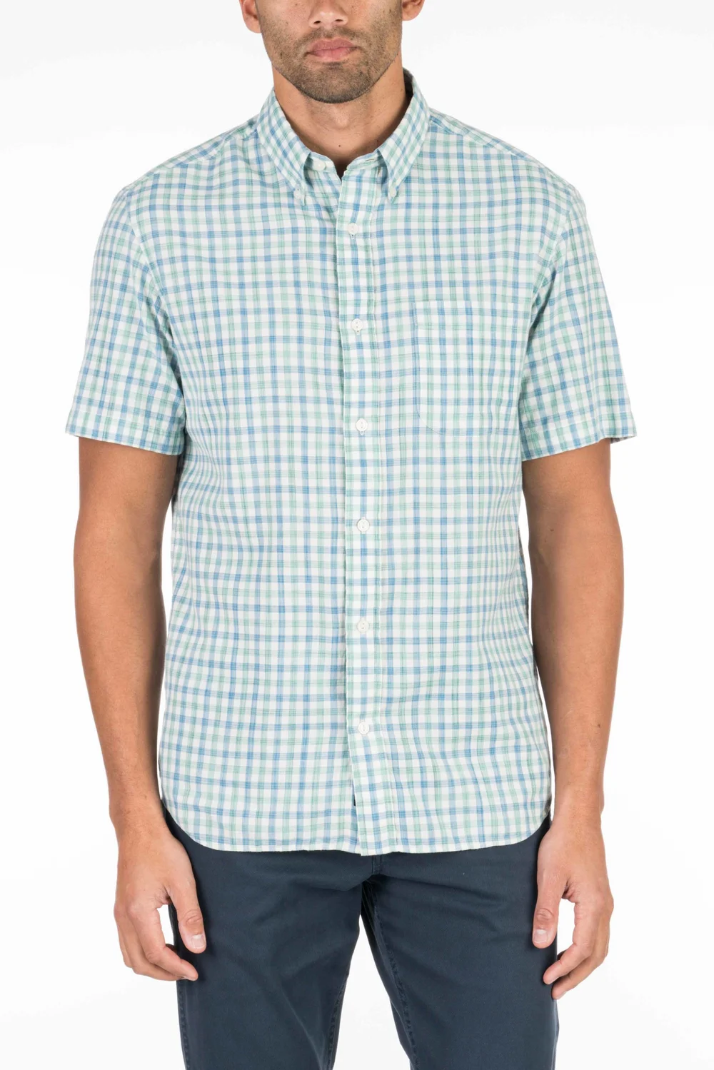 FAHERTY SHORT-SLEEVE ULTRA FINE NEWPORT CHECK SHIRT - BLUE & GREEN GINGHAM   Carriages Fine Clothier | Baton Rouge, LA | Men's Clothing