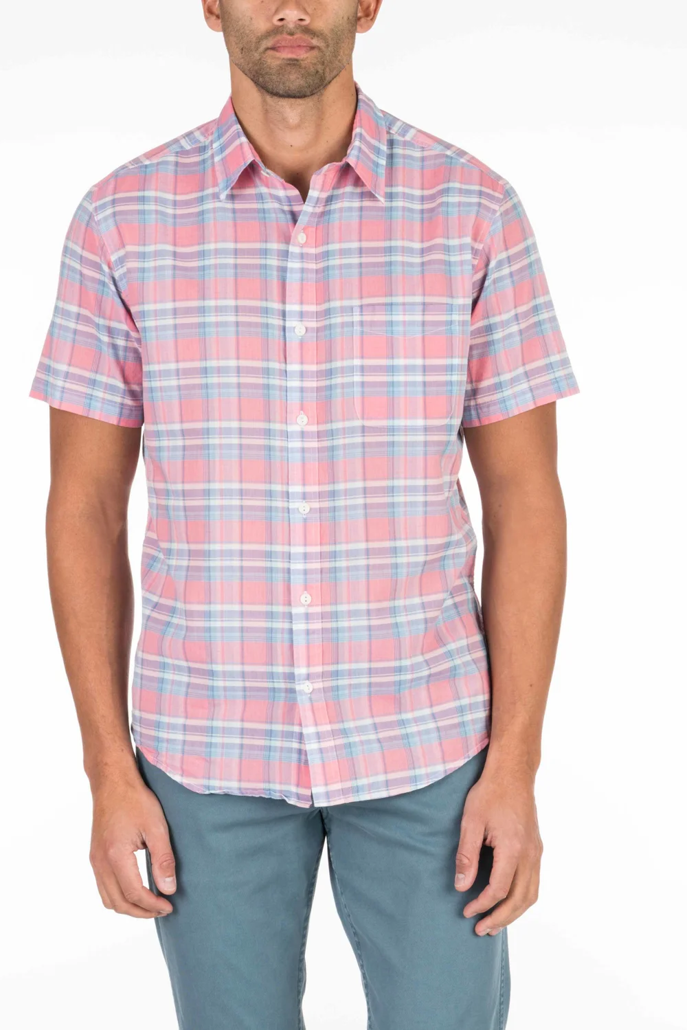 FAHERTY SHORT-SLEEVE SUMMER BLEND- RED & BLUE PLAID  Carriages Fine  Clothier | Baton Rouge, LA | Men's Clothing