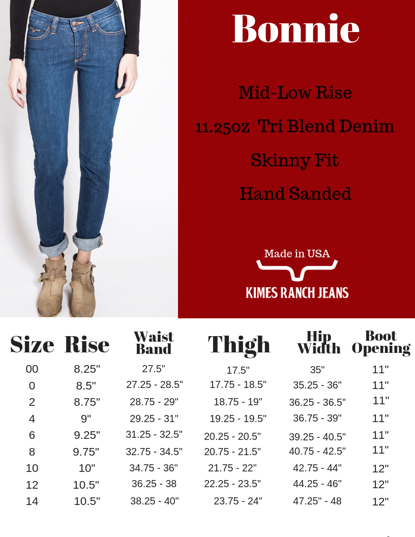 Kimes Ranch Betty Jeans Size Chart