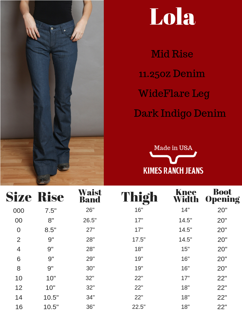 Kimes Ranch Betty Jeans Size Chart