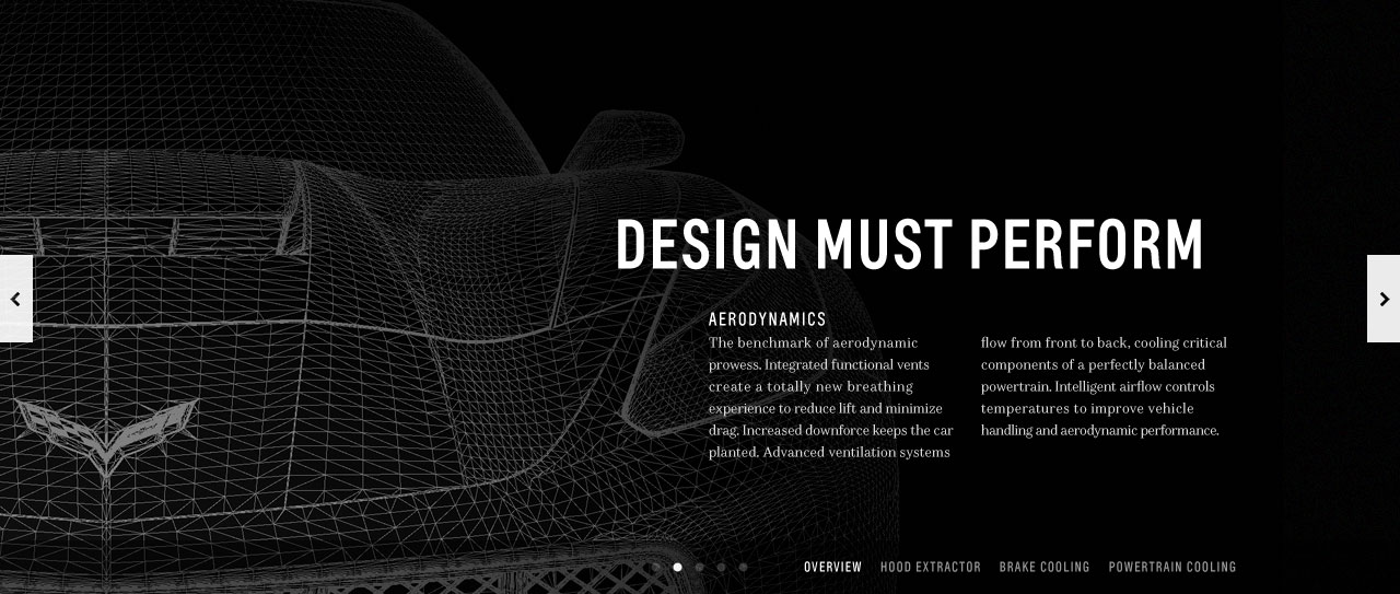 Crop of the car in a wireframe style and text about design performance.