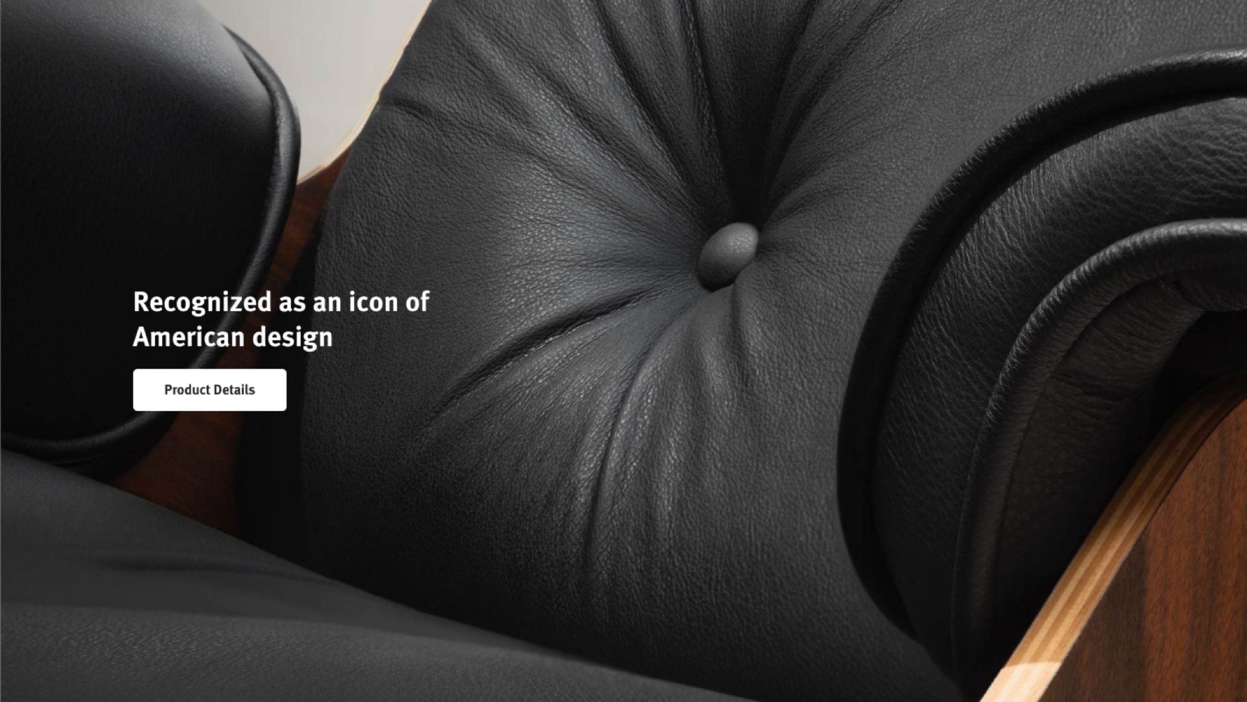 Example product page component with a detail shot of the Eames Lounge Chair and Ottoman with text and call to action