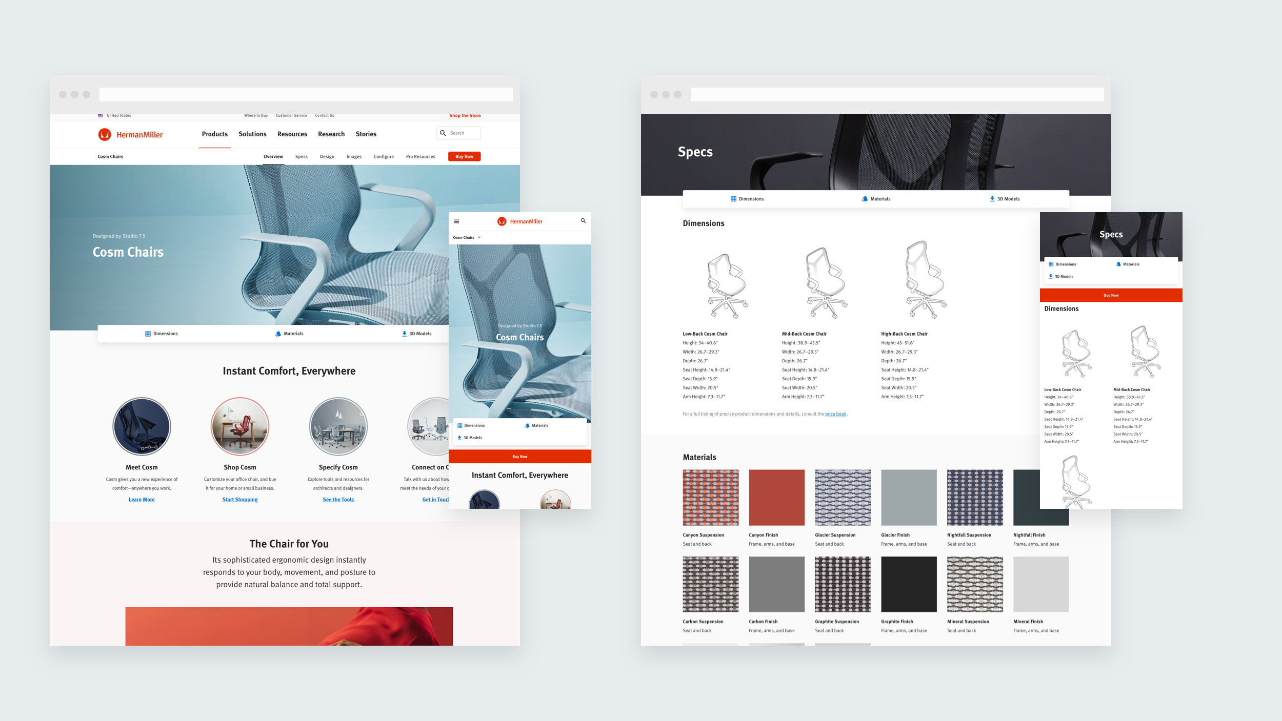 Product page example showing Cosm Office Chair overview and spec pages with desktop and mobile views.