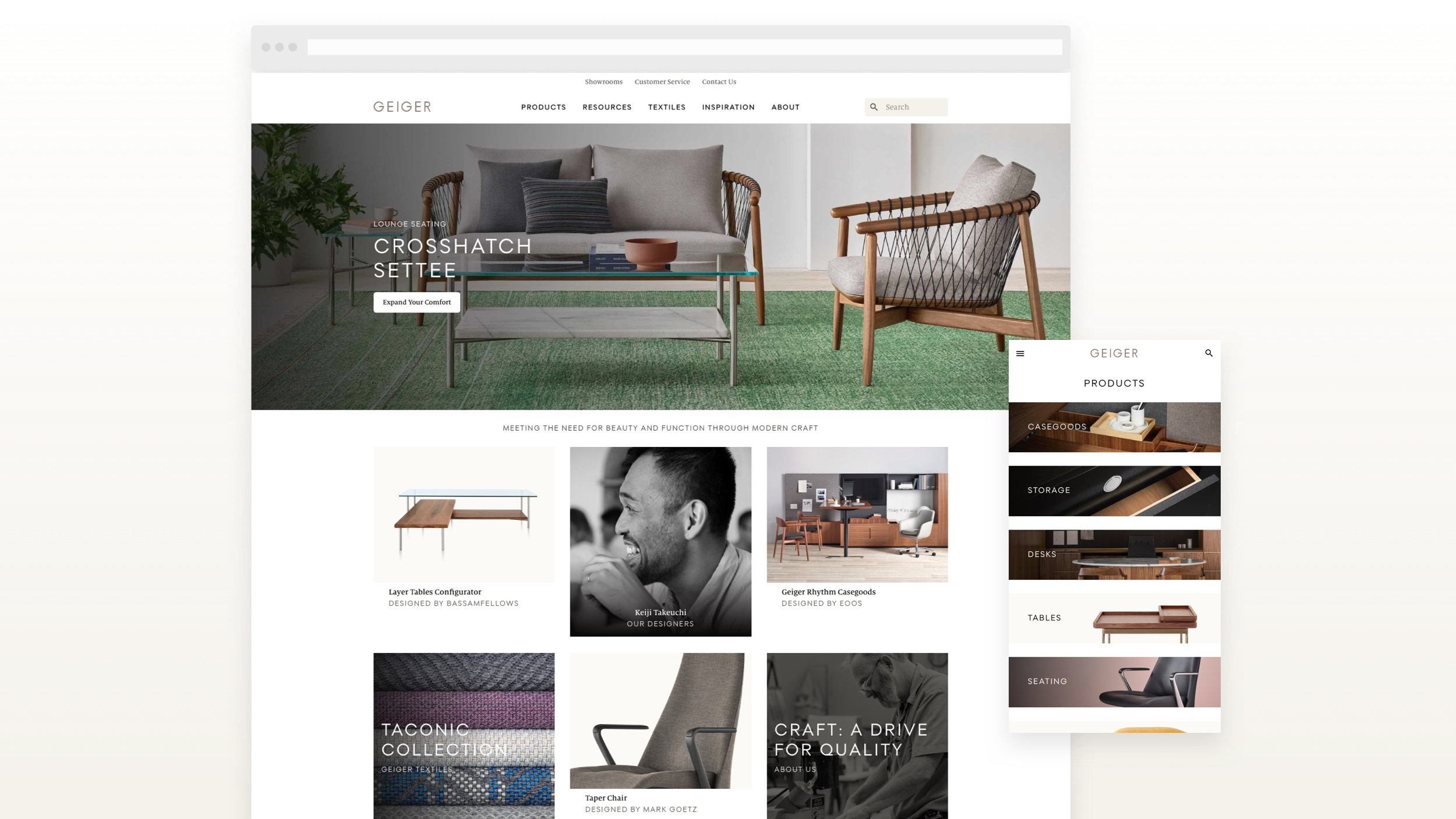 Examples homepage with Croshatch Settee masthead feature, and feature page link tile grid.