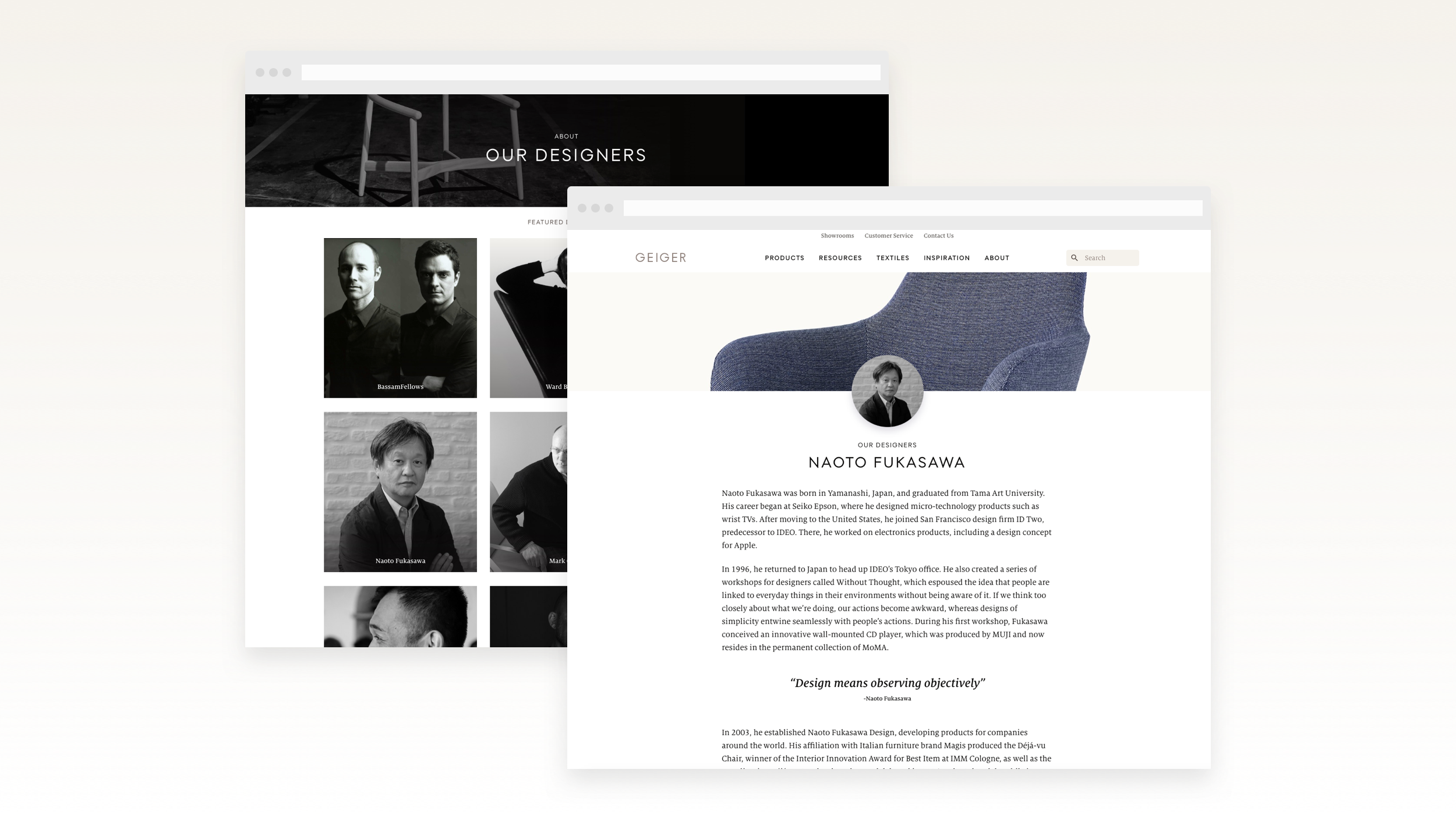 Desktop views of the Our Designers section with example design bio page.