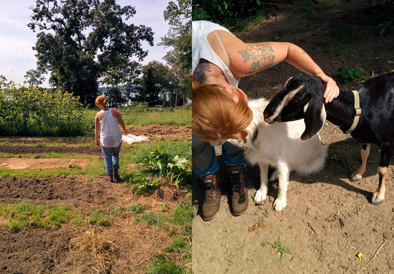 Farmer Meg giving us a tour, and talking with Peach the dog and Licorice the goat.