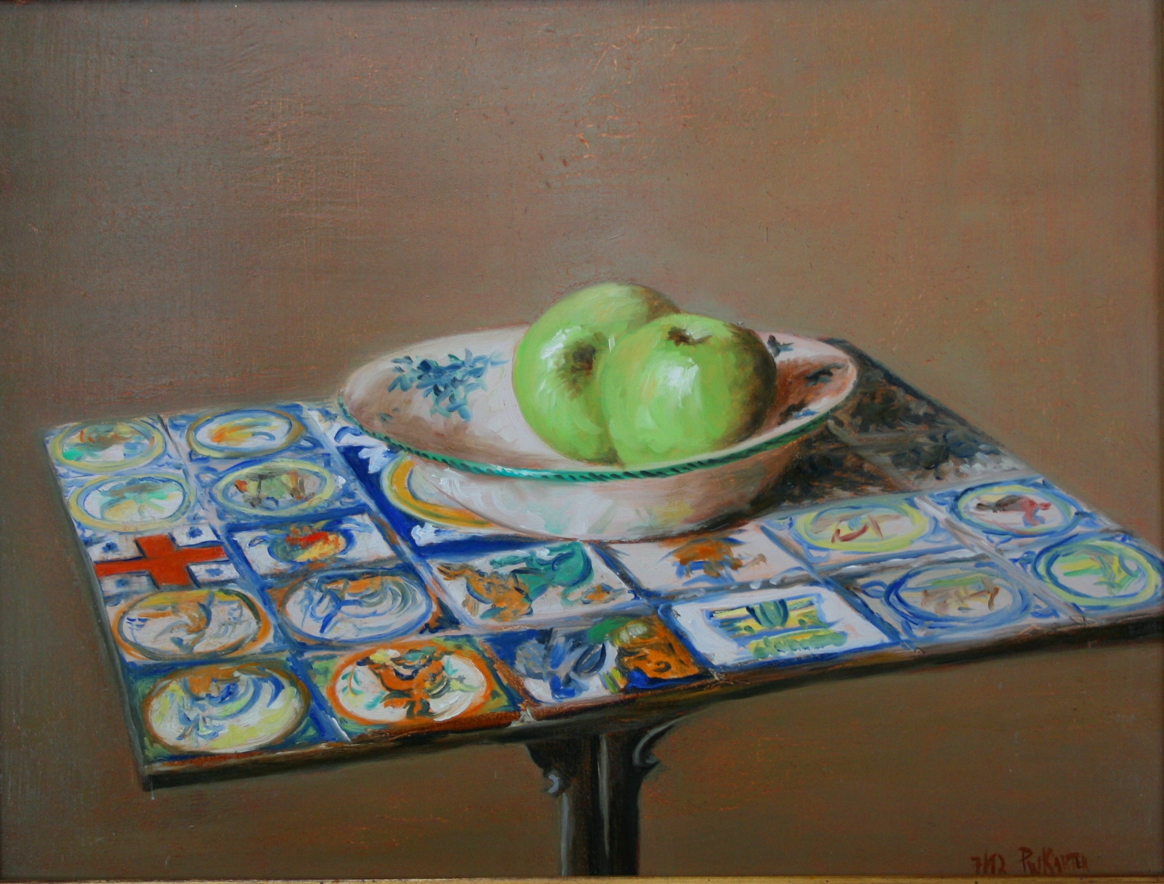   #&nbsp;52 &nbsp; Tile Table with apples &nbsp; 11 1/2 " x 15" &nbsp; Damarascotta, ME  
