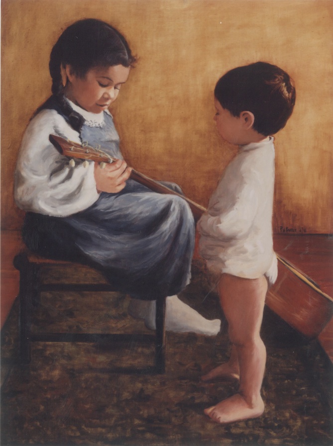 Work in honor of Marie M. Cullinane, M.S., R.N., Commission for Children's Hospital, Boston - Dimitri and Catherine Patrick playing with guitar in my studio -.jpg