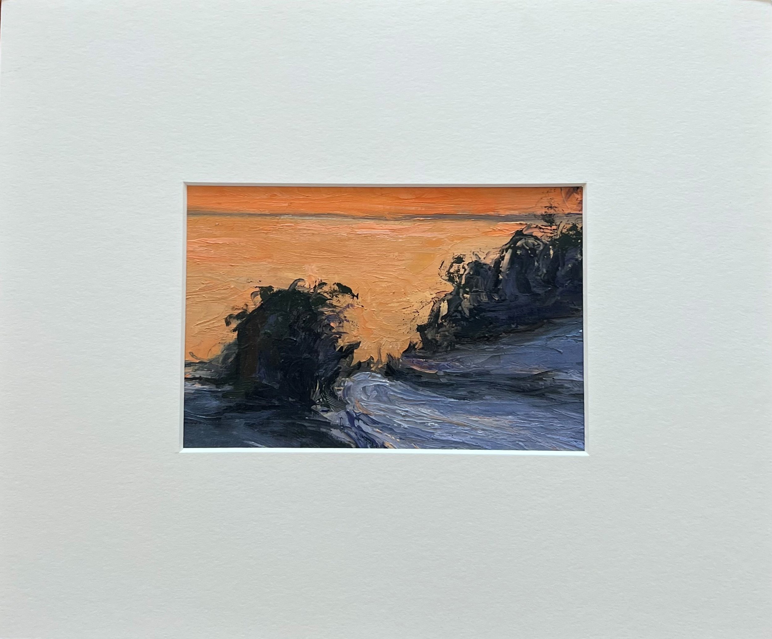 2022-01   Down the Grass Path to Winter Sunset   Oil on Gesso  Paper   12x14 inch mat   Window cut to 5x7 inches  Guilford, CT.jpg