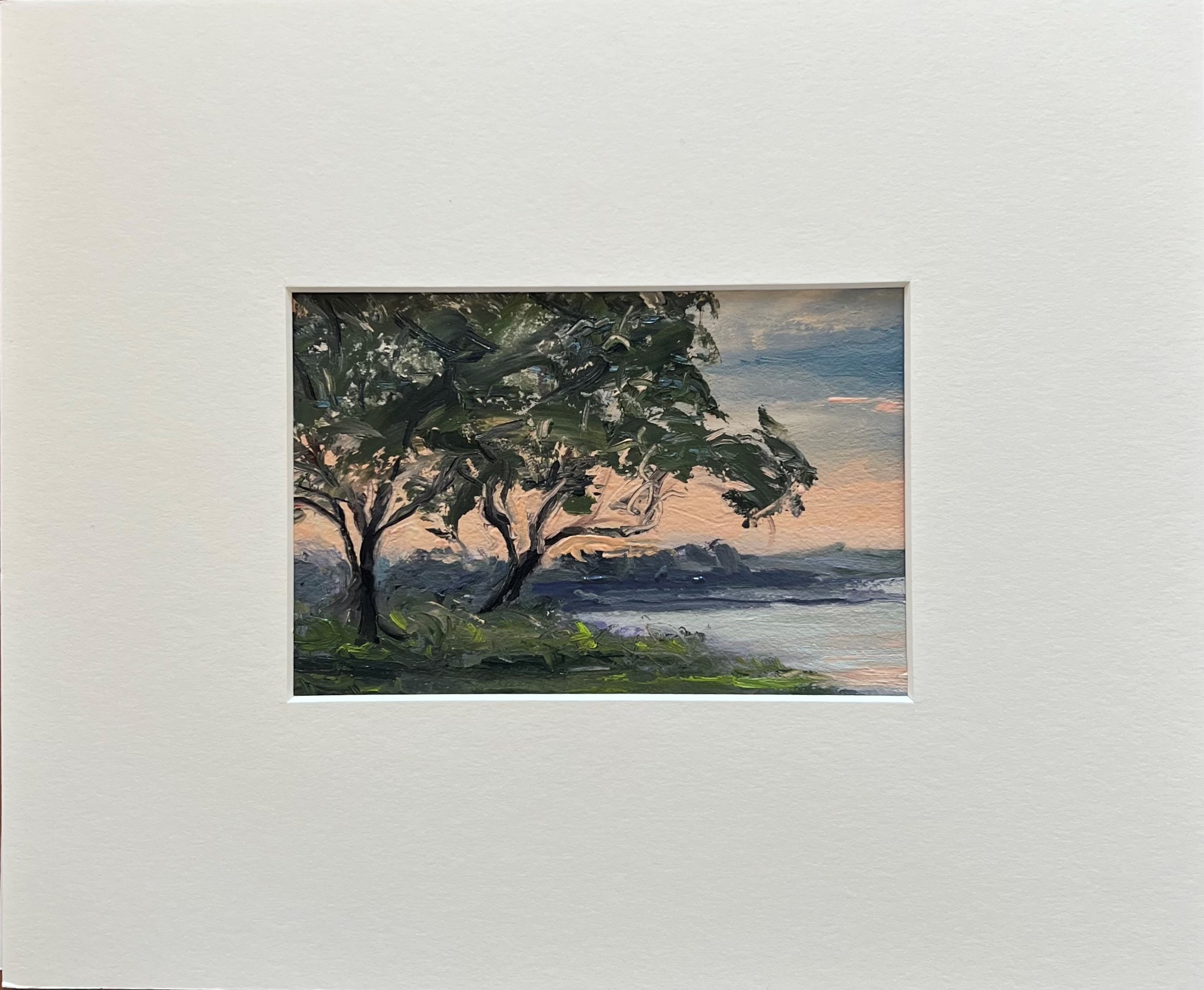 2022-07 Stony Creek Trees-Soupy Sunset   Oil on Gesso Paper  12x14 inch mat   Window cut to 5x7 inches  Stony Creek, CT  .jpg