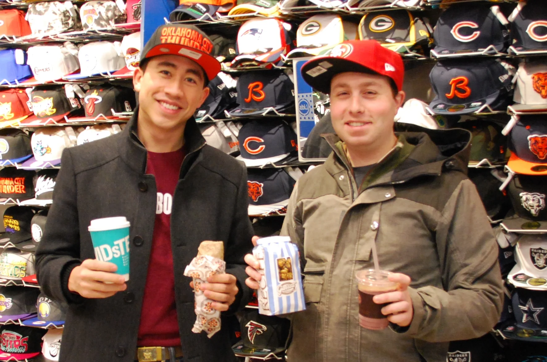  Living the MPP lifestyle: Rocking Lids hats while enjoying David's Tea, Protein Bar Bar-ito and smoothie, and Garrett Popcorn.