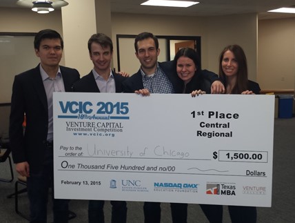 Team VCIC: (from left) Miguel Arcinas, Joshua Rogers, Brian Blaney, Jennifer Fried, Kara Davey (all Class of 2015) A Booth team comprising of Kara Davey, Jennifer Fried, Miguel Arcinas, Joshua Rogers, and Brian Blaney (all Class of 2015) recently won the Regional competition at the Venture Capital Investment Competition 2015, organized by UNC Kenan Flagler, and will move to the International finals in early April.