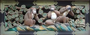 The three wise monkeys over the Tosho-g u shrine in Nikko, Japan
