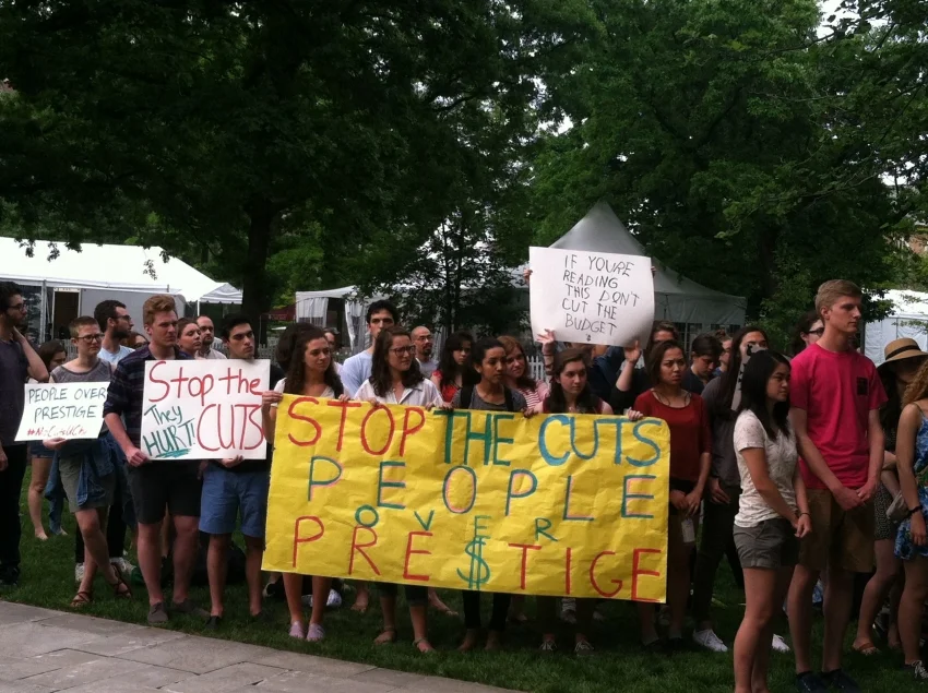 Undergrads maintaining option value in their protest against university budget cuts earlier this year. Image courtesy of Miriam Shestack, In These Times.